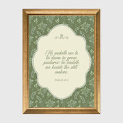 Psalm 23:2 Sage Green Olive Branch Pattern Scripture Framed Canvas Print