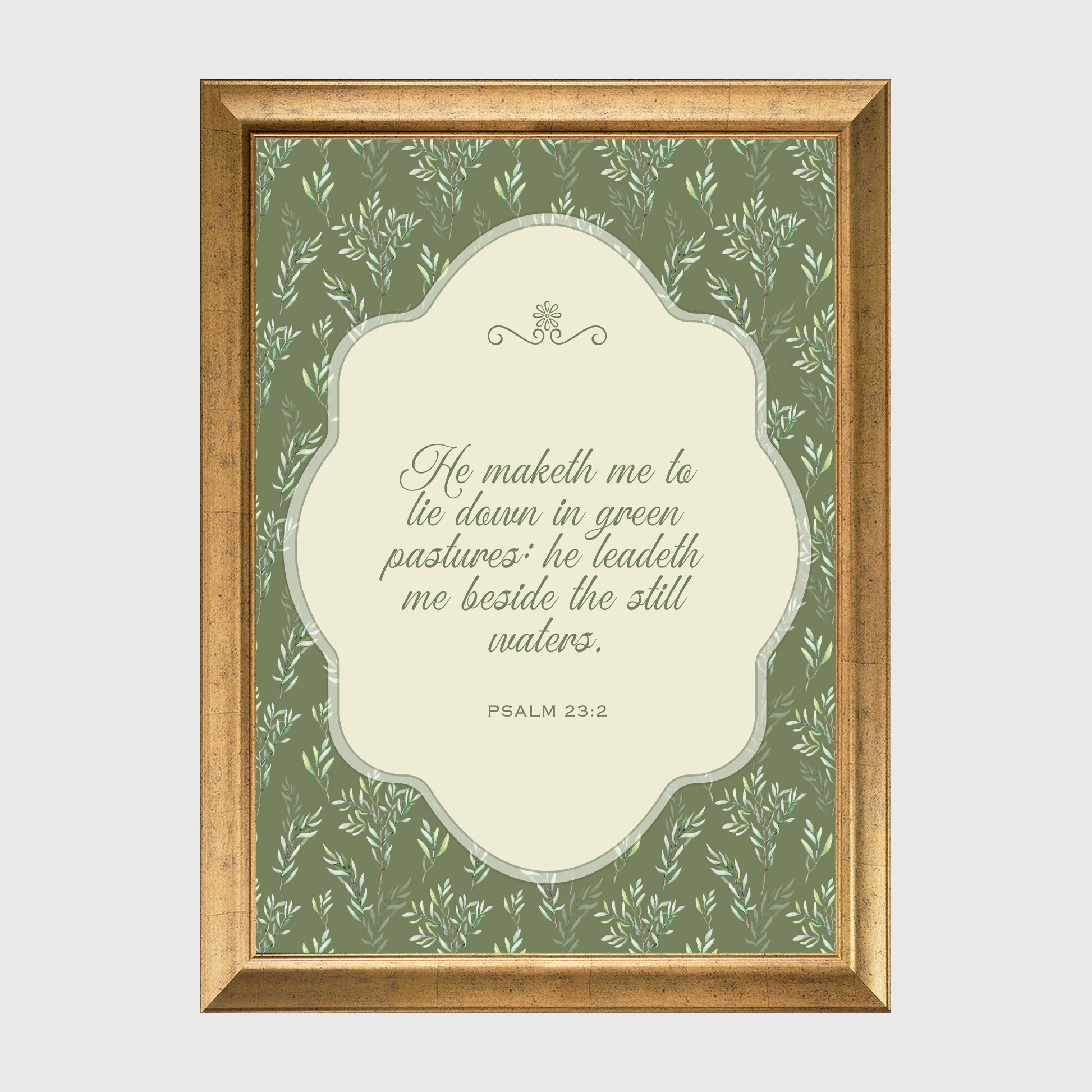 Psalm 23:2 Sage Green Olive Branch Pattern Scripture Framed Canvas Print