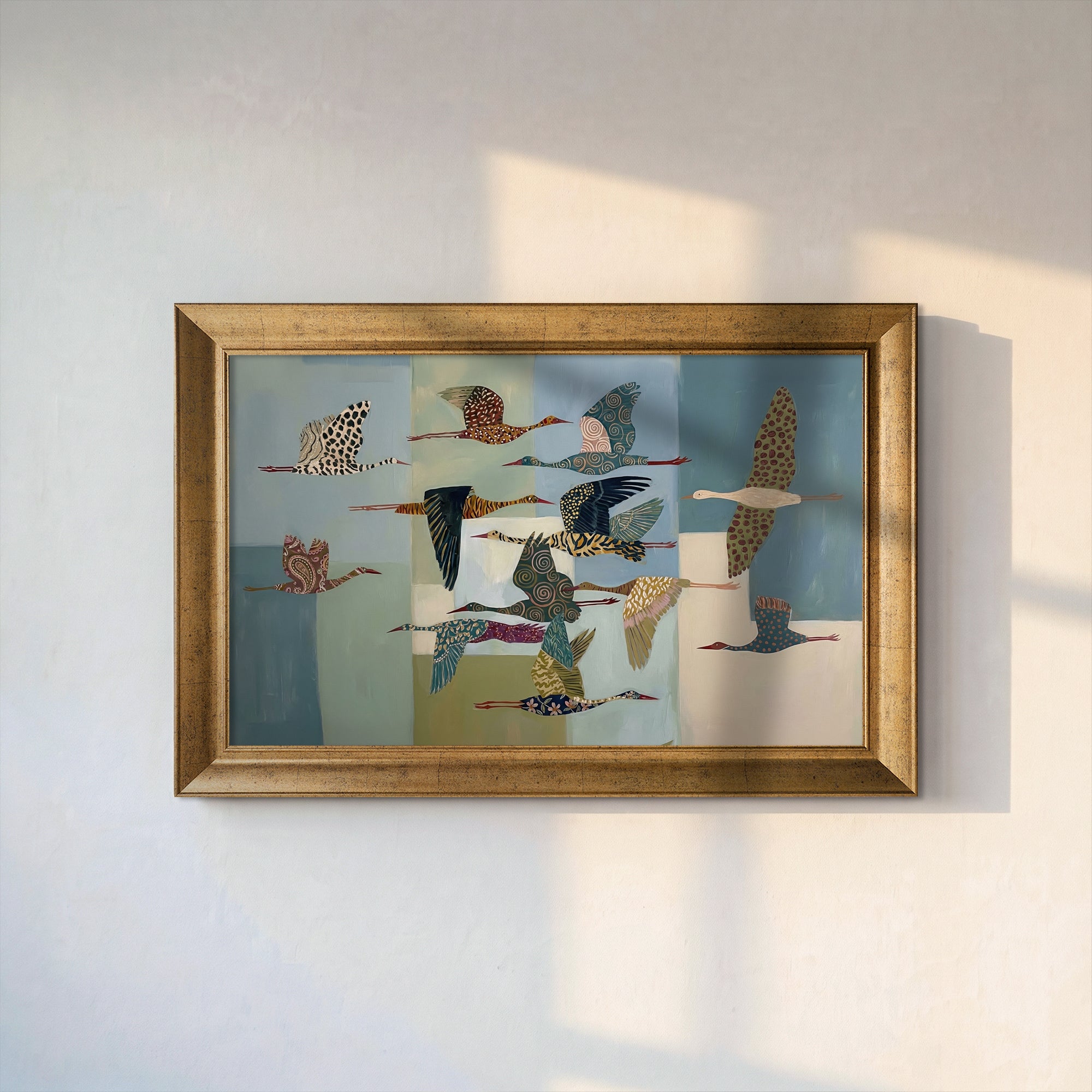 Patterned Flying Cranes Painting
