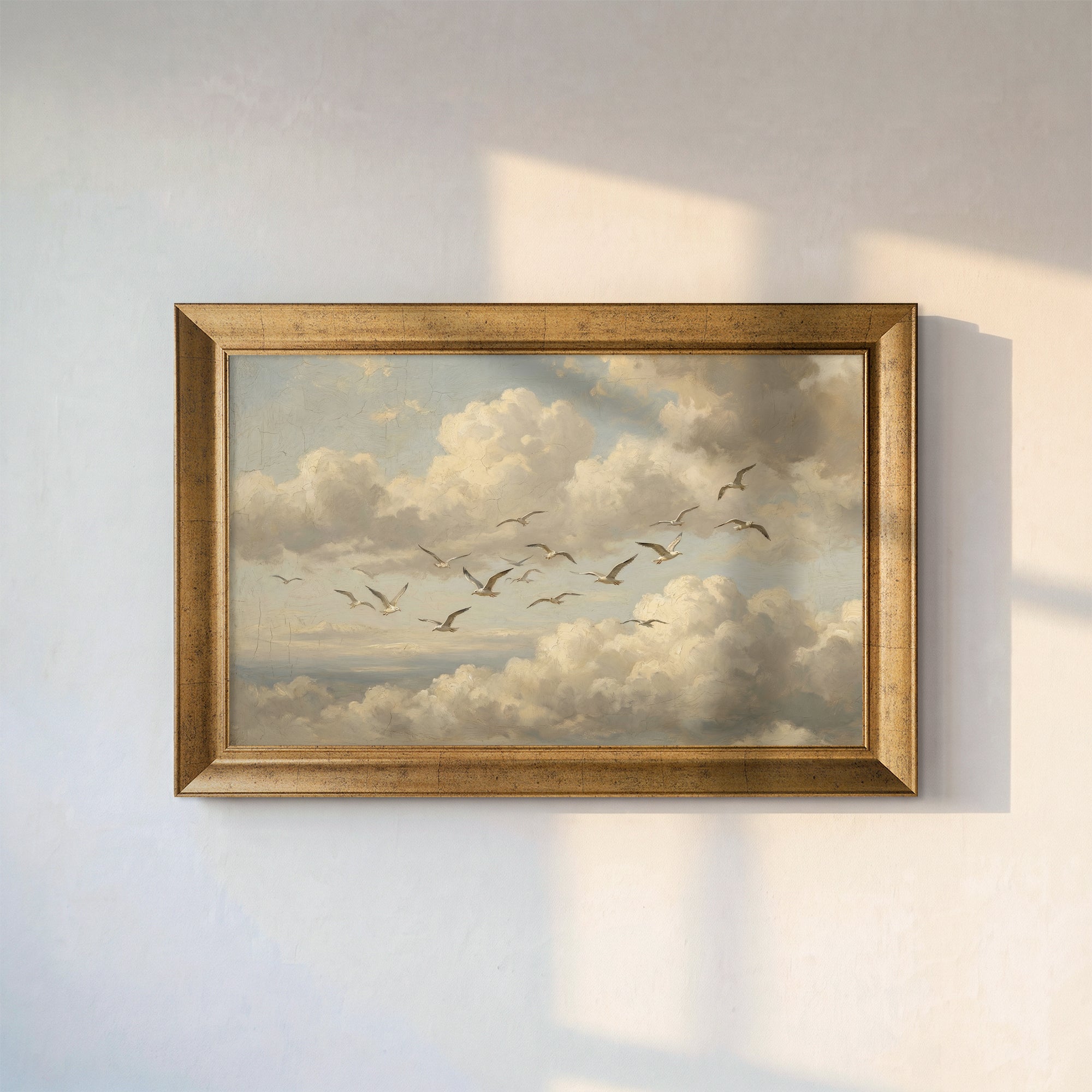 Clouds and Flying Seagulls Framed Canvas Print