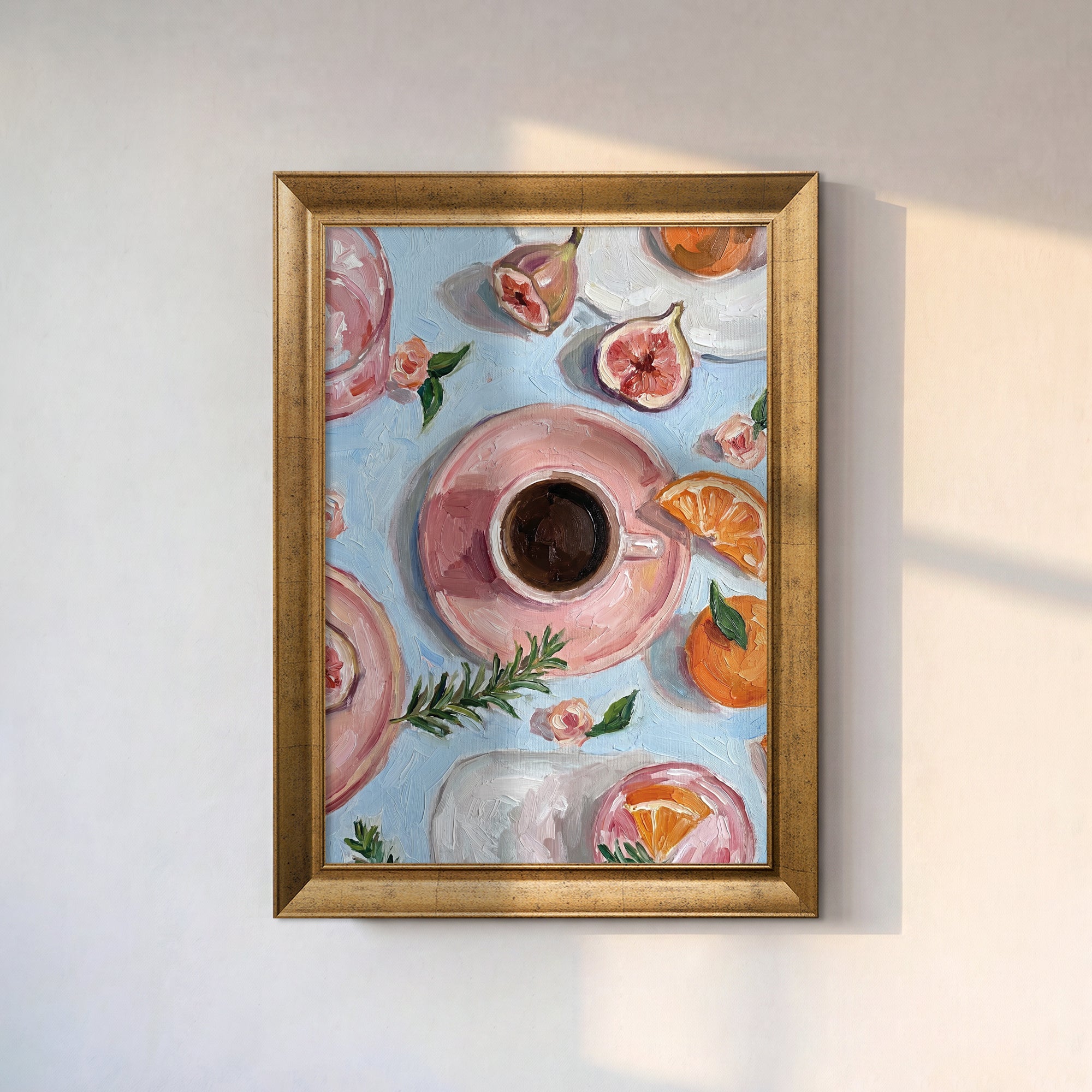 Pink Coffee Cup Canvas Wall Art – Fig and Citrus Kitchen Painting for Colorful Decor