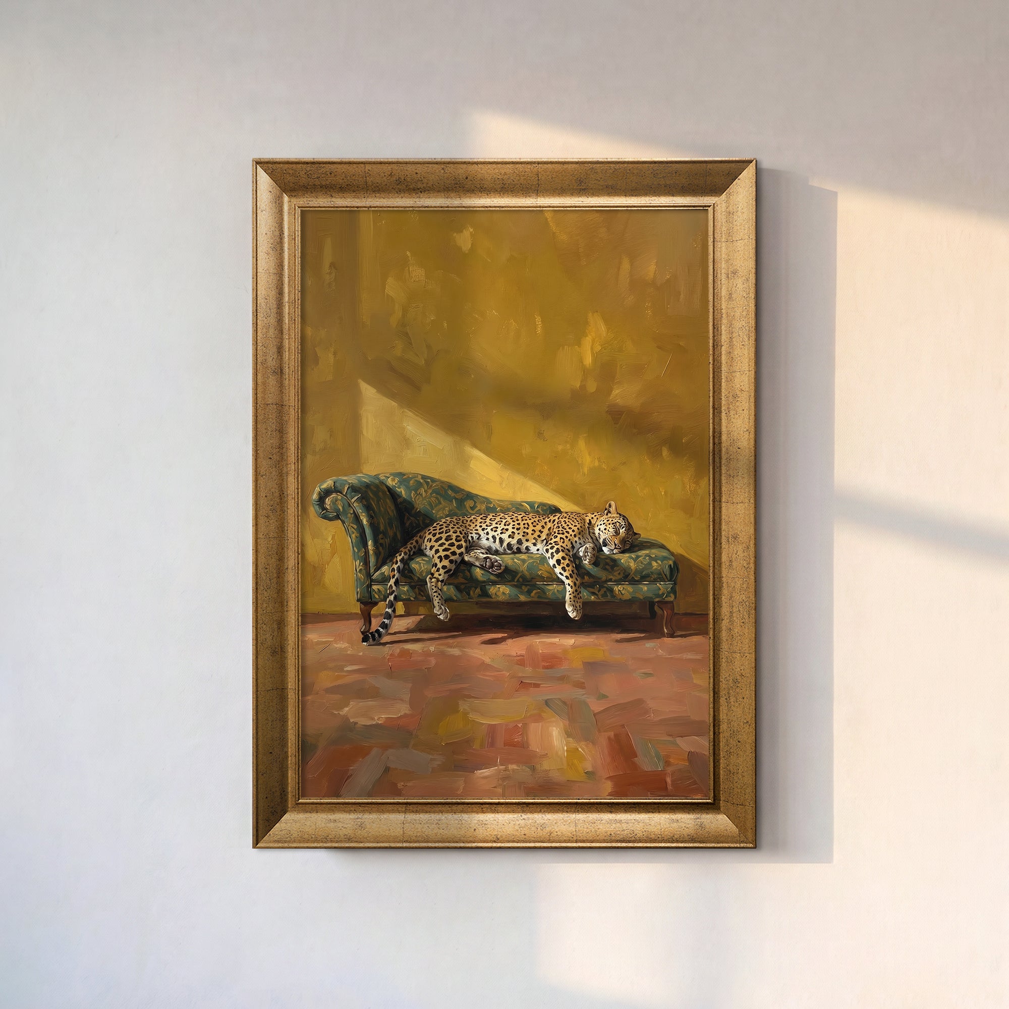 Leopard on Vintage Sofa Canvas Wall Art – Golden Interior Wildlife Painting for Bold Decor