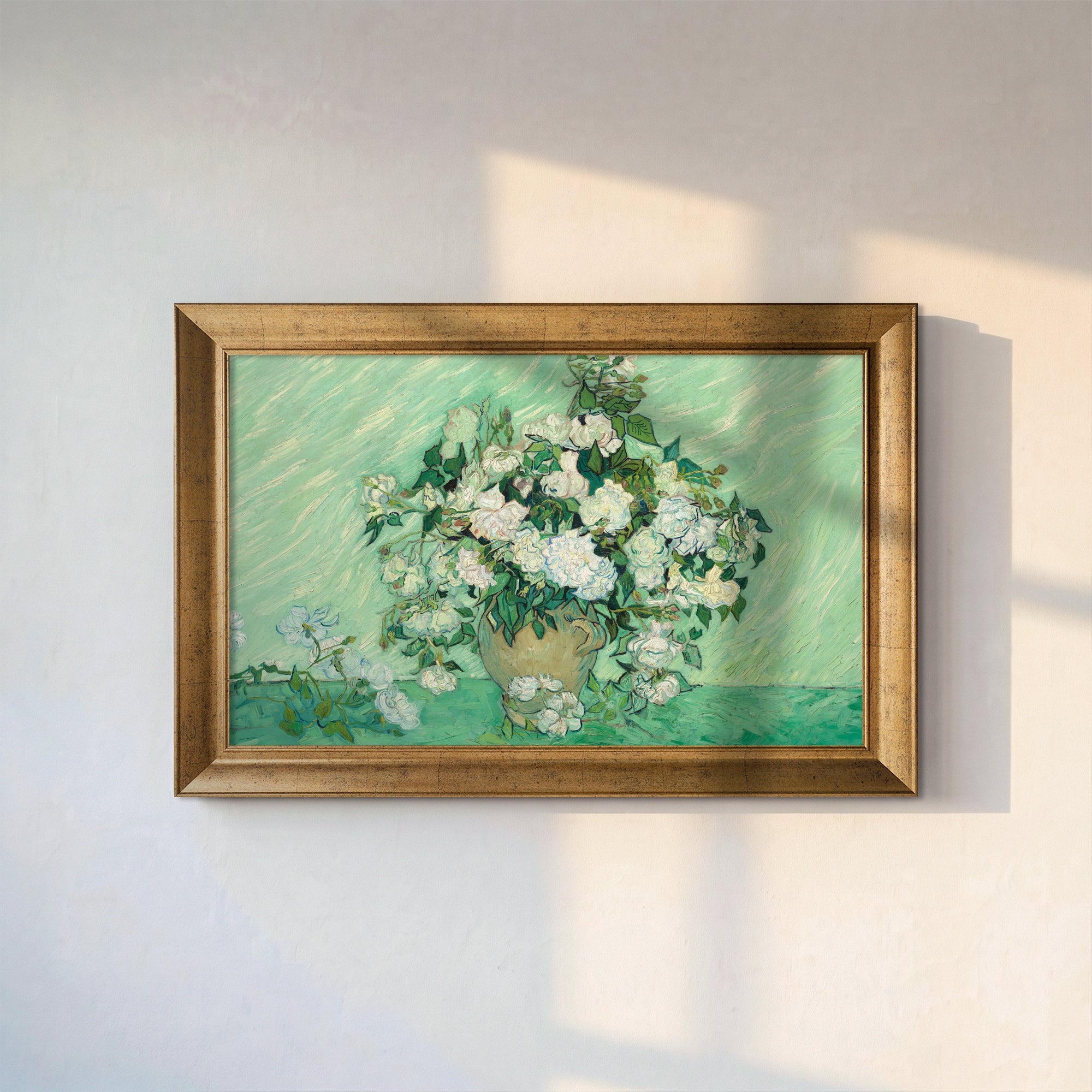 White Roses in a Vase Wall Art | Van Gogh Inspired Floral Canvas Print