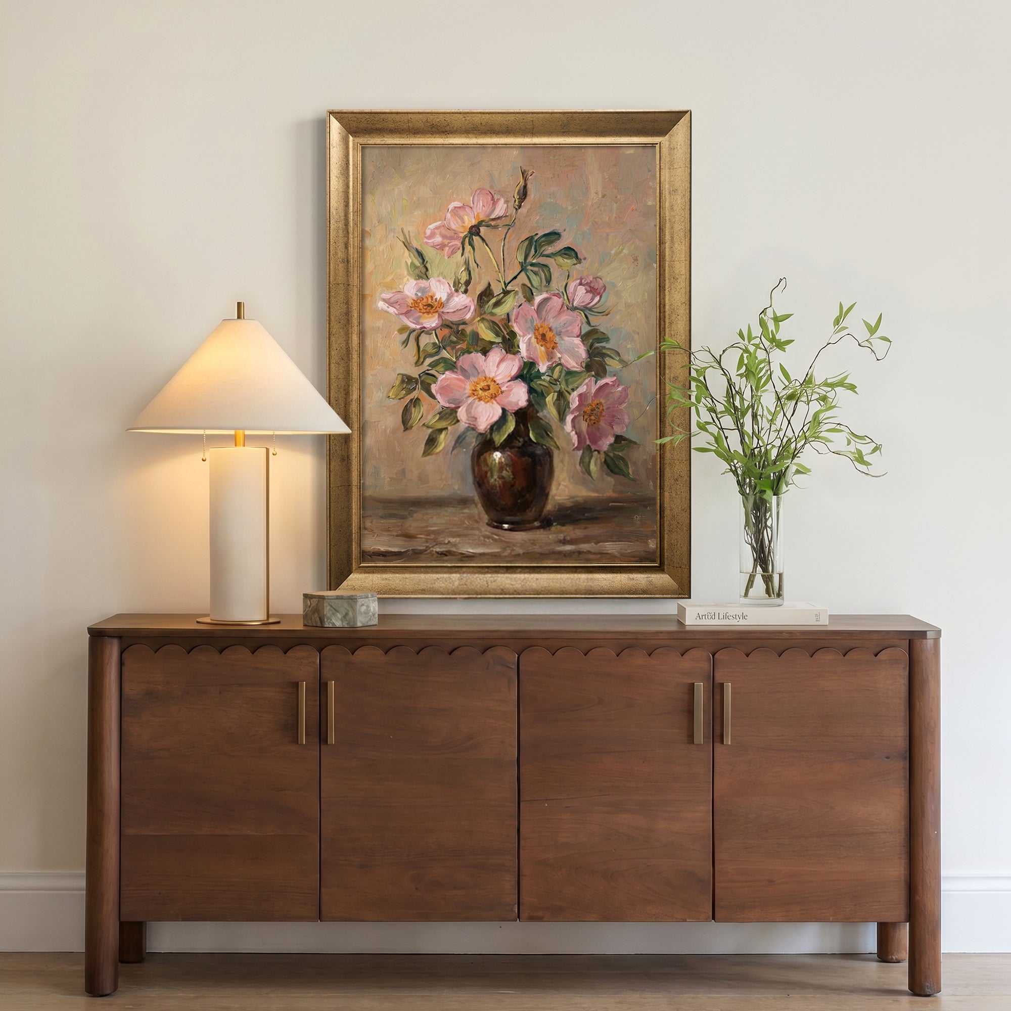 Pink Flowers in Vase Canvas Wall Art – Vintage Floral Still Life Painting for Elegant Decor