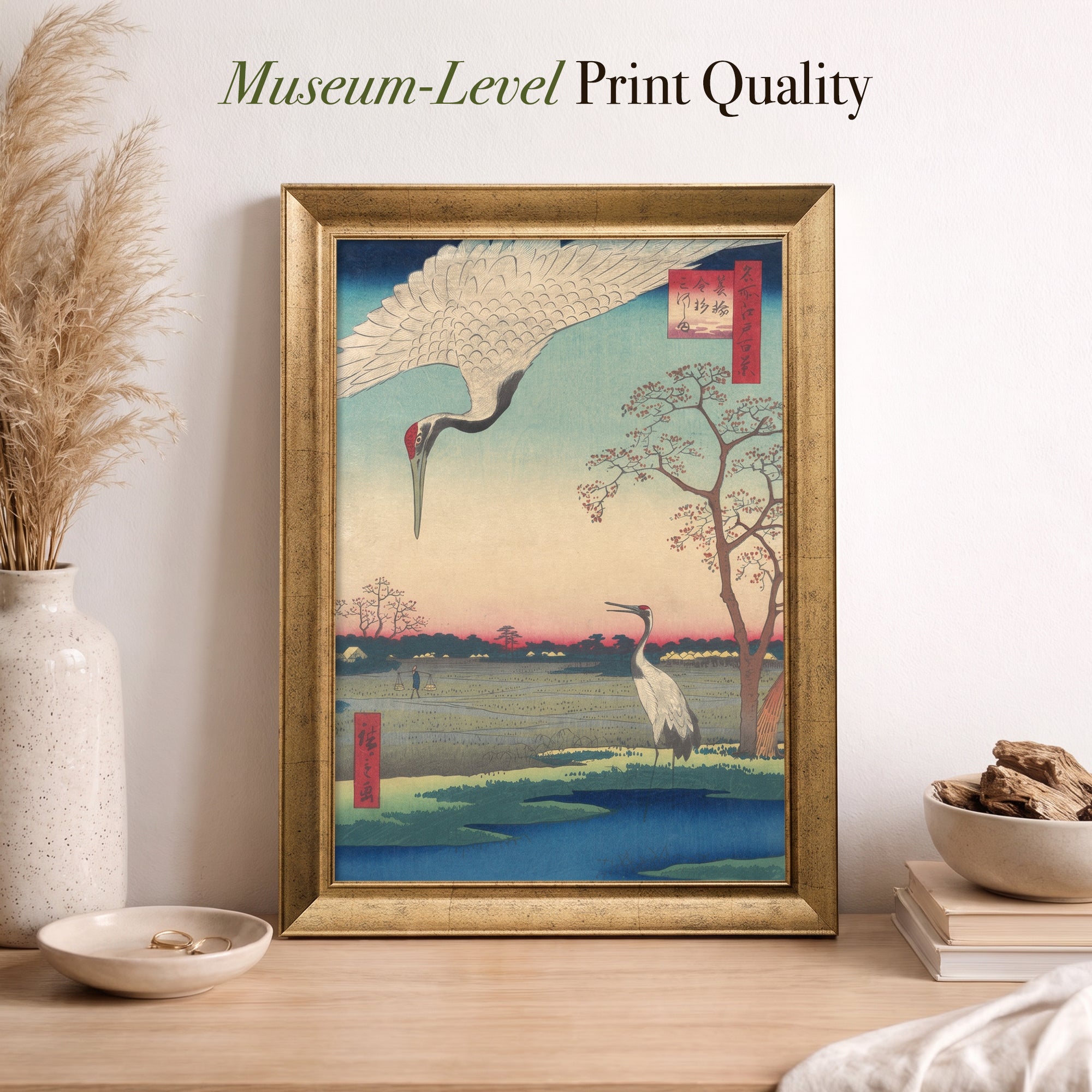 Japanese Cranes Canvas Wall Art – Vintage Ukiyo-e Bird Landscape Print for Elegant Decor