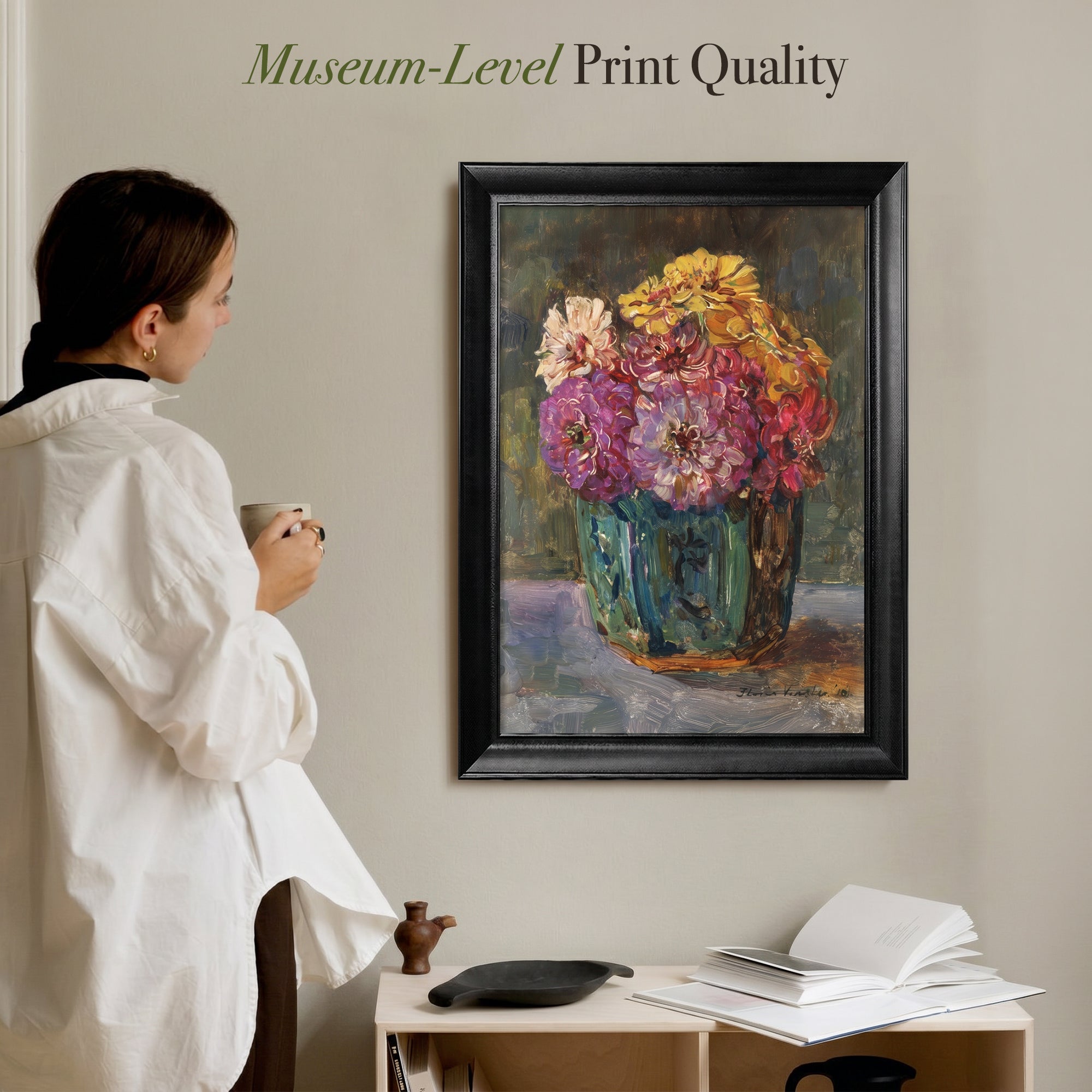Still Life with Zinnias in a Green Jar | Floris Verster Floral Wall Art Print | Vintage Flower Painting