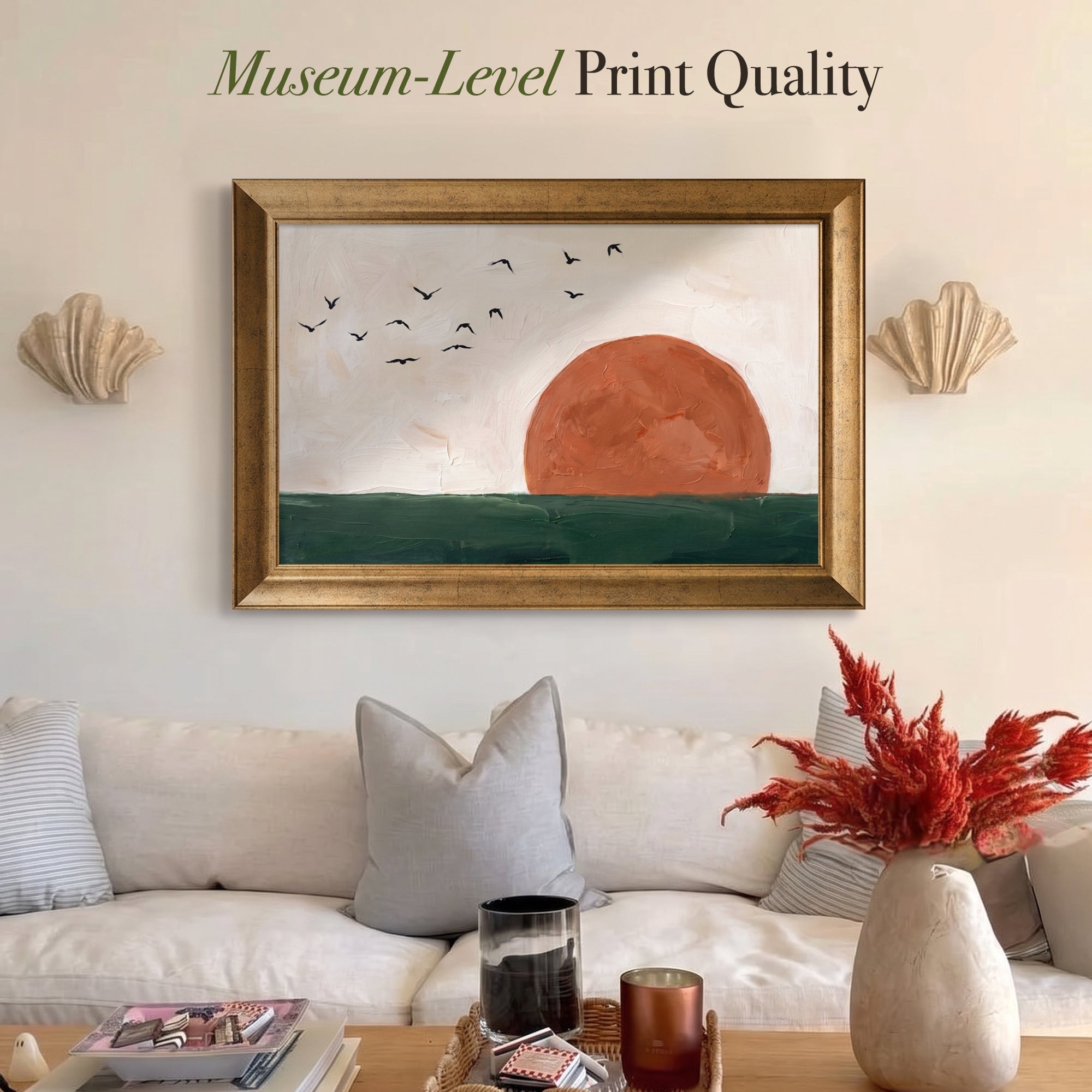 Minimalist Sunset Canvas Wall Art – Flying Birds Landscape Painting for Modern Decor
