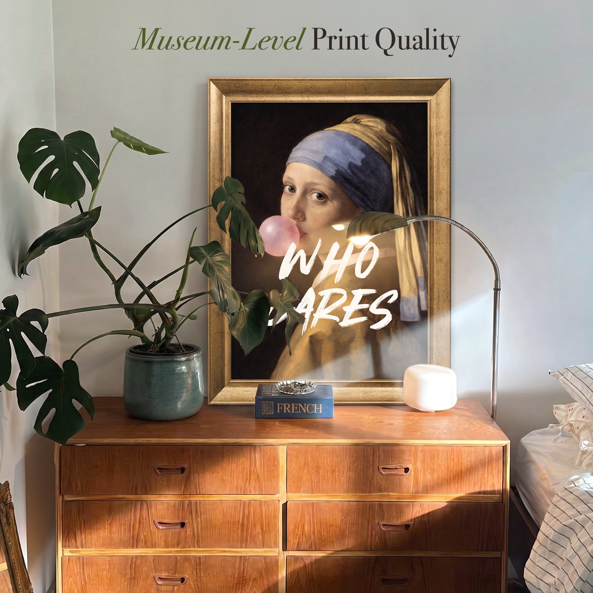 "WHO CARES" Girl with a Pearl Earring Framed Canvas Print