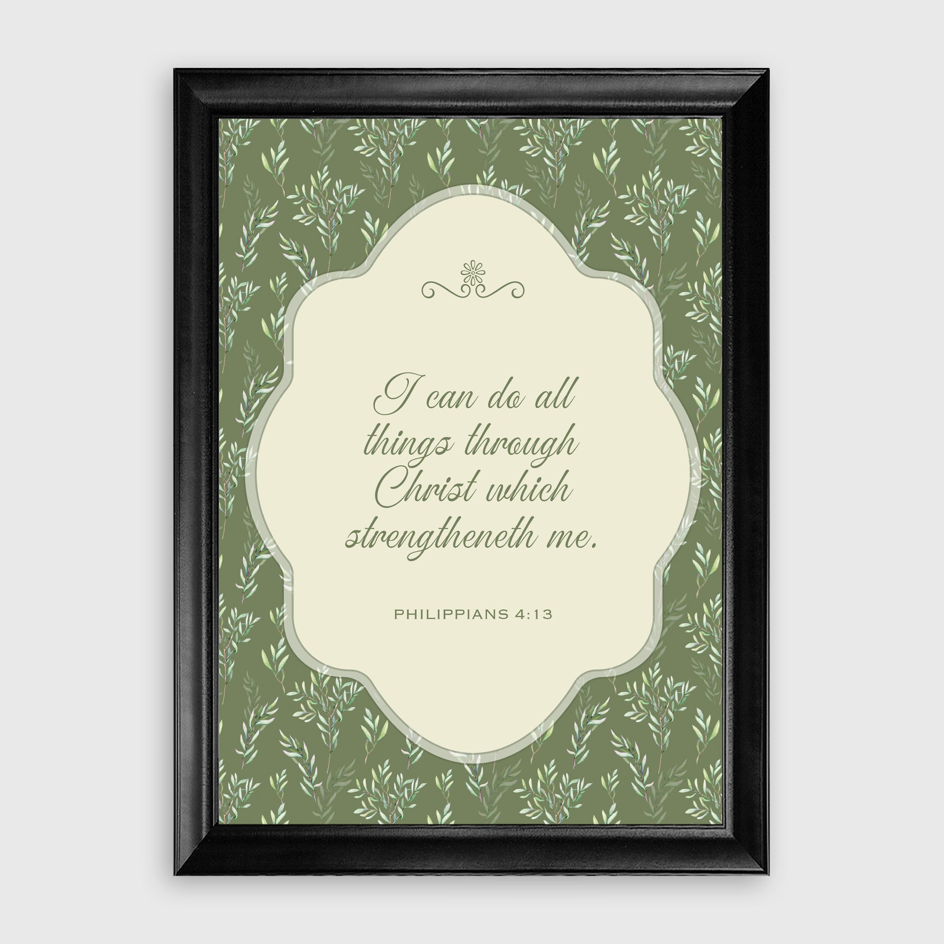Psalm 23:2 Sage Green Olive Branch Pattern Scripture Framed Canvas Print