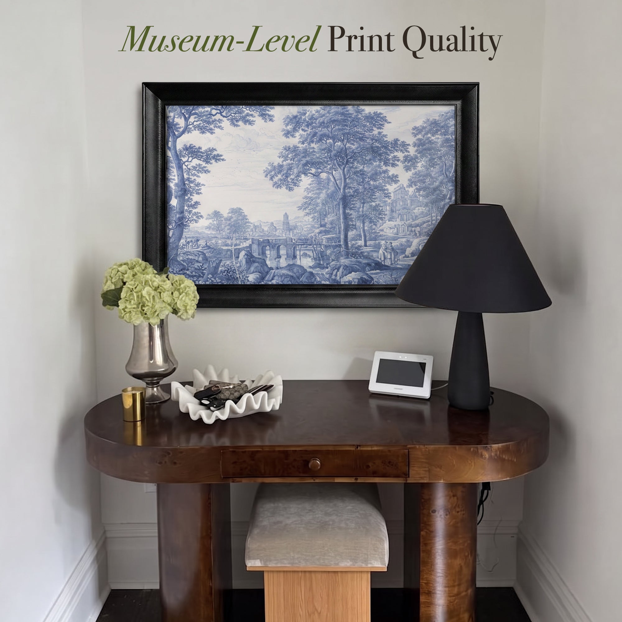 Blue Toile Landscape Canvas Wall Art – Vintage Scenic Countryside Print for Classic Decor