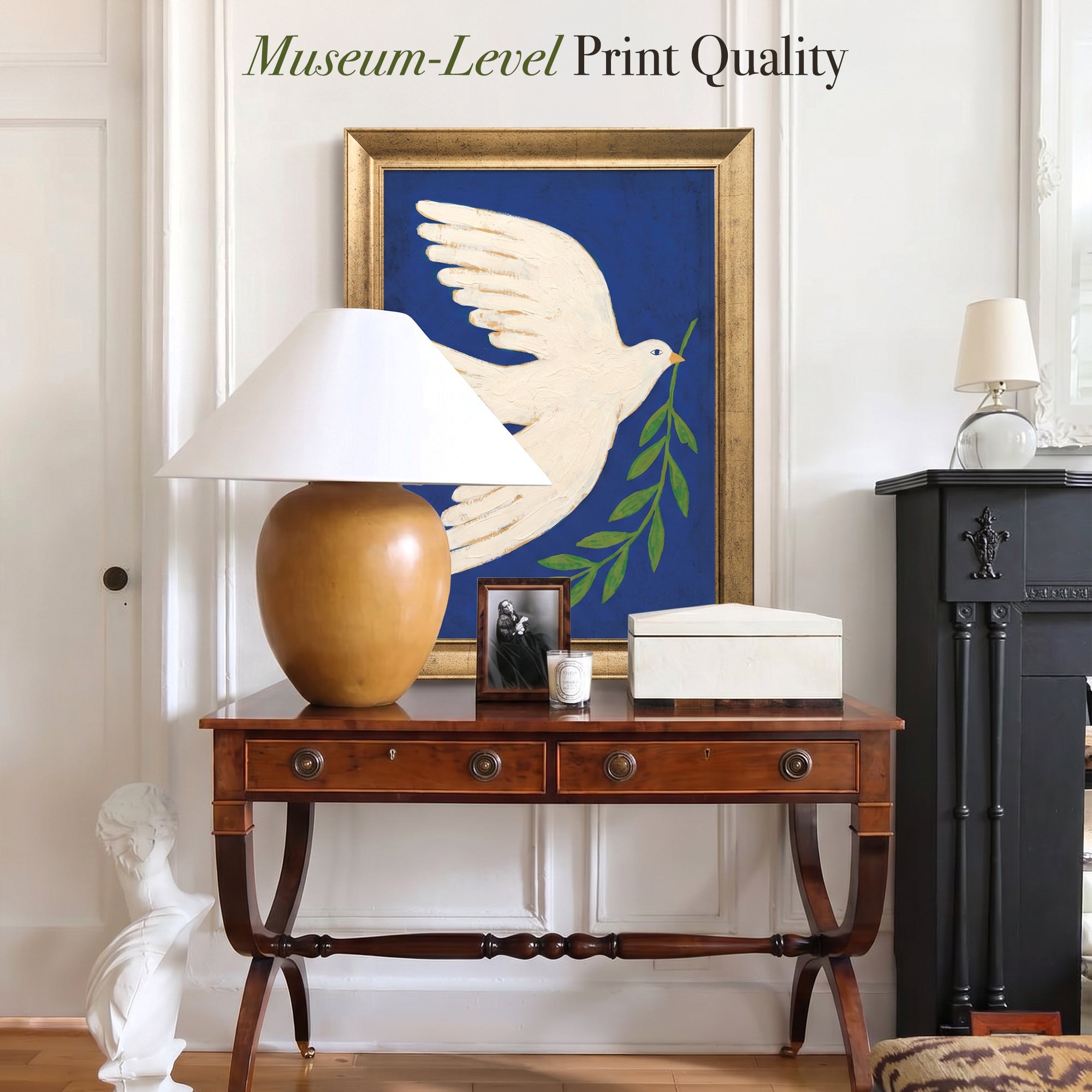 White Dove with Olive Branch Canvas Wall Art – Blue Peace Symbol Painting