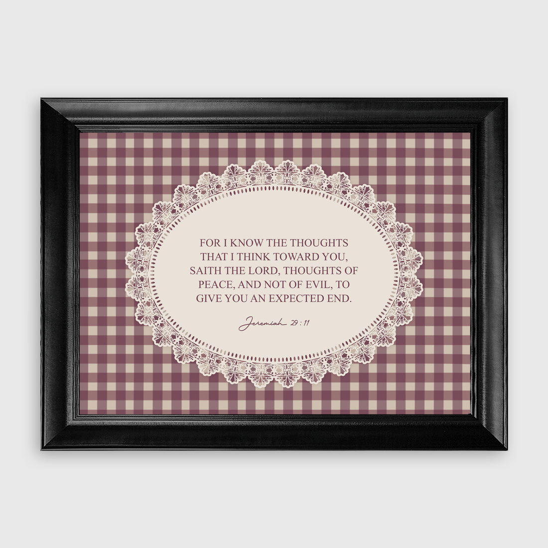 Psalm 23:2 Burgundy Gingham Lace Scripture Wall Art Print
