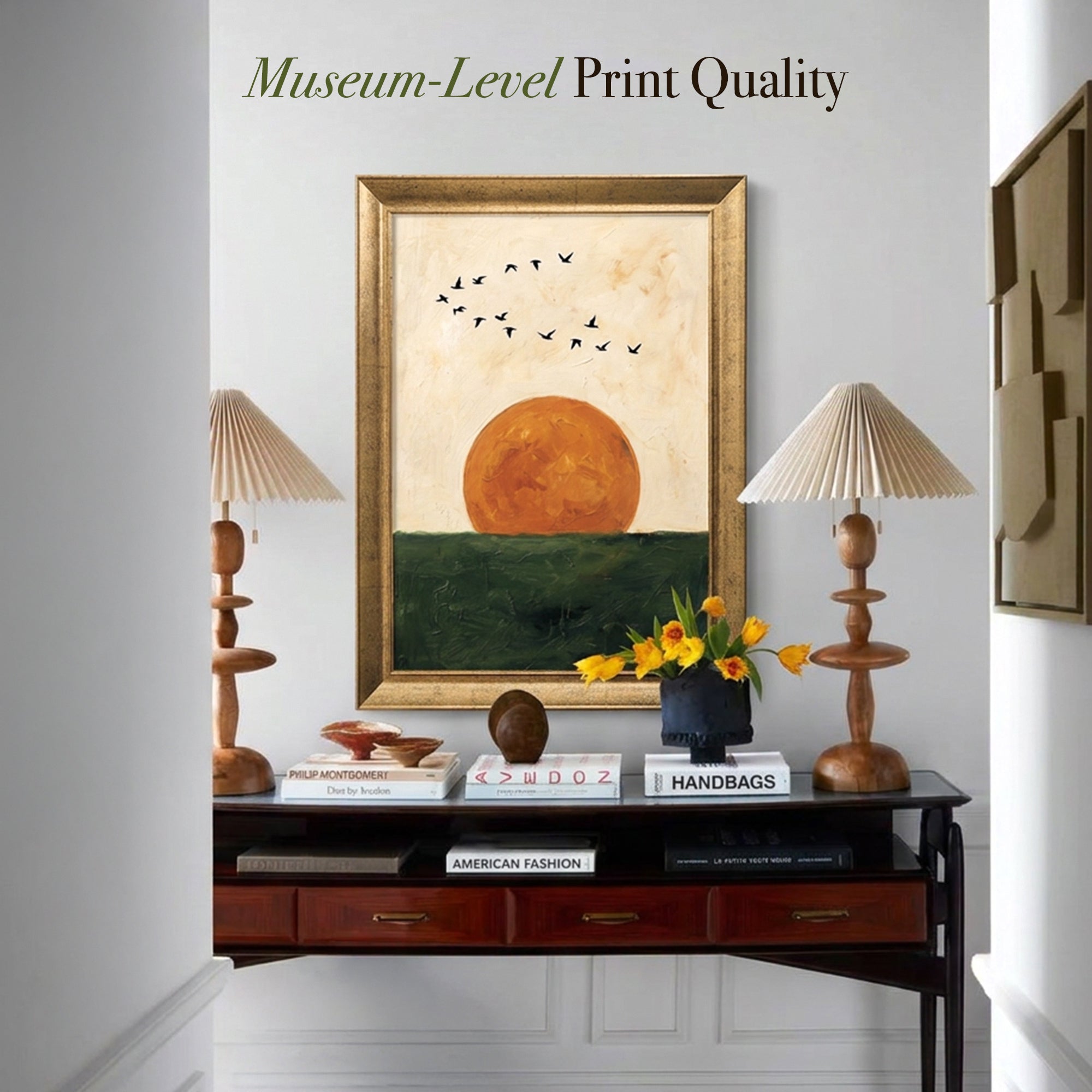 Golden Sunset and Flying Birds Canvas Wall Art – Minimalist Nature Landscape Painting