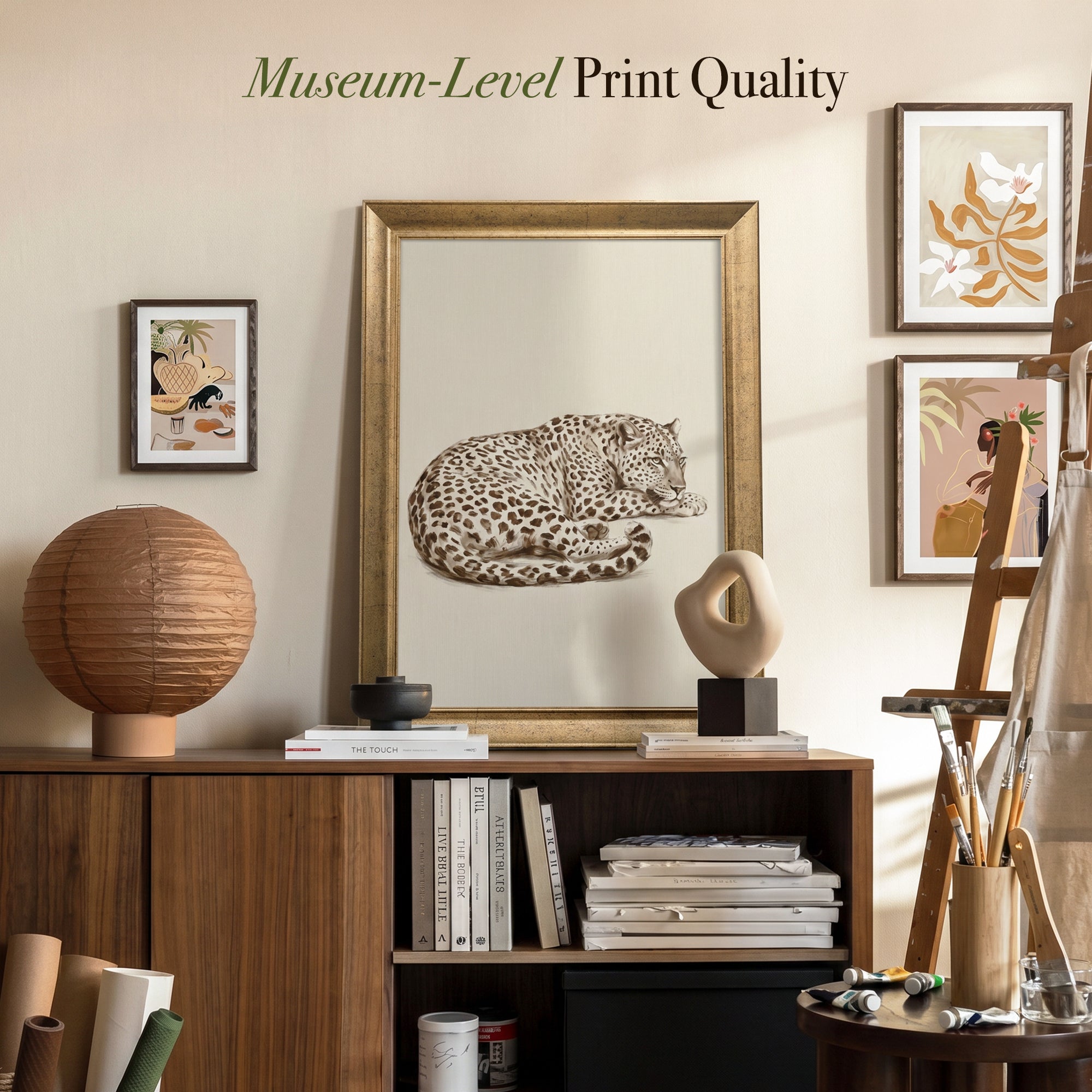 Sleeping Leopard Canvas Wall Art – Minimalist Wildlife Painting for Elegant Modern Decor
