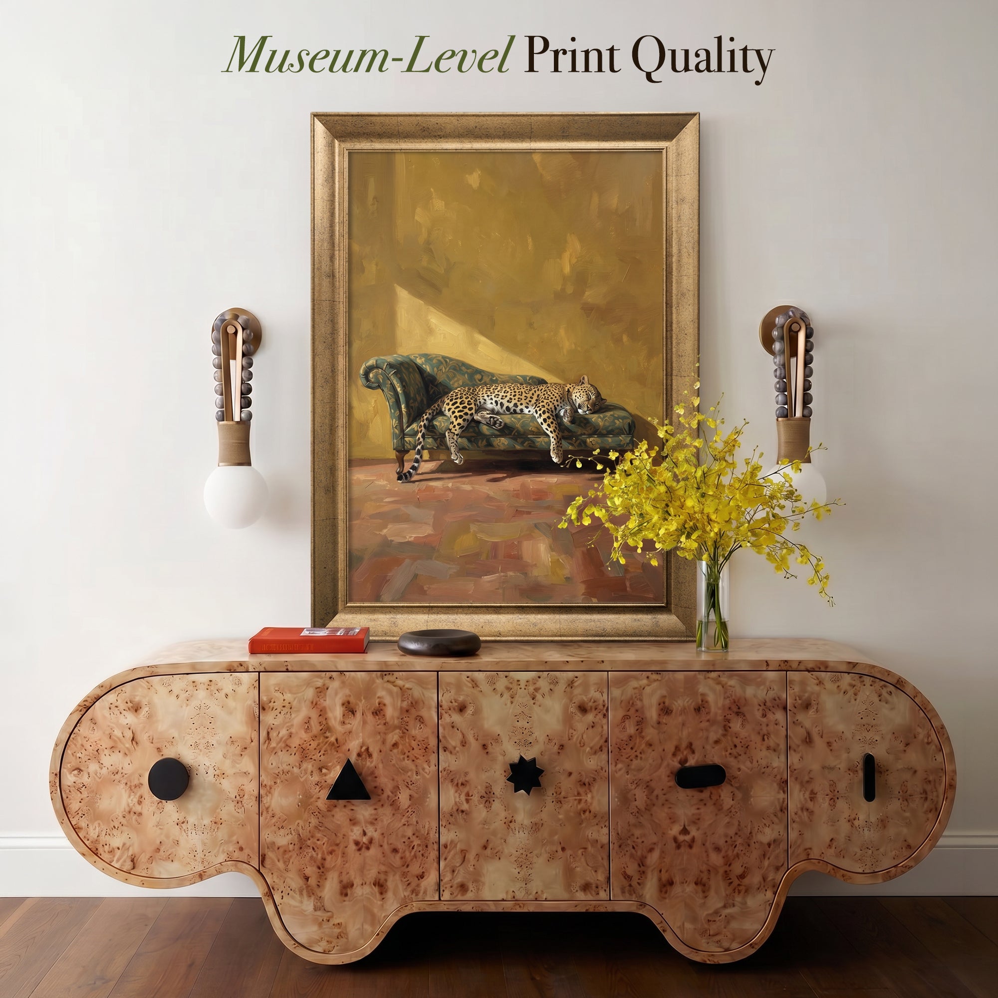 Leopard on Vintage Sofa Canvas Wall Art – Golden Interior Wildlife Painting for Bold Decor