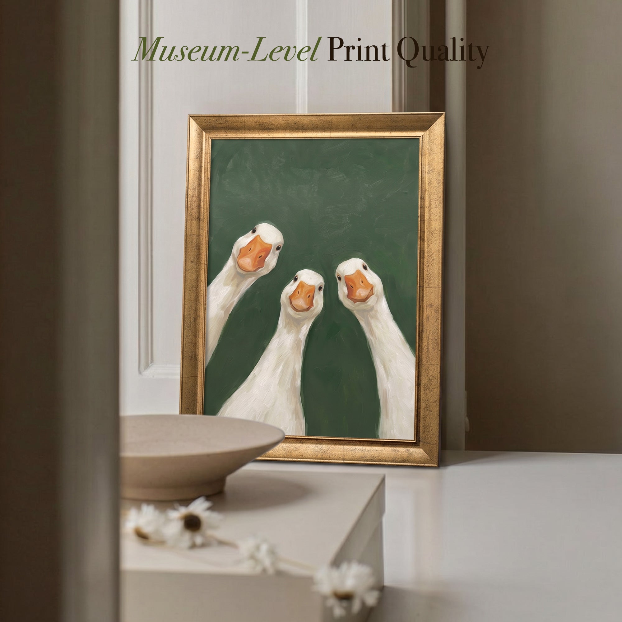 Three White Ducks Canvas Wall Art – Playful Animal Painting for Farmhouse and Modern Decor
