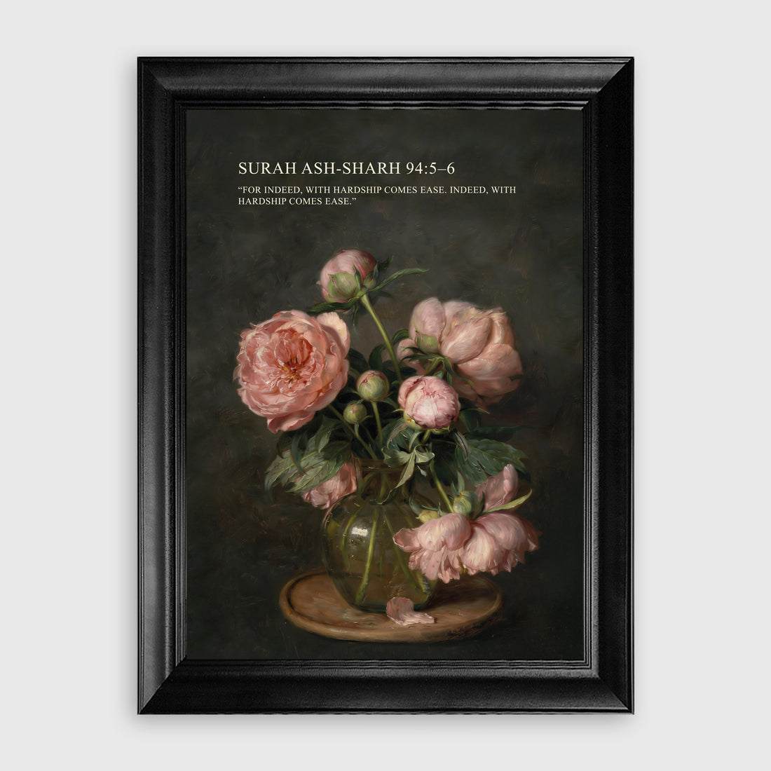 Surah Ar-Ra'd 13:28 Pink Peonies Still Life Islamic Oil Painting Wall Art Print