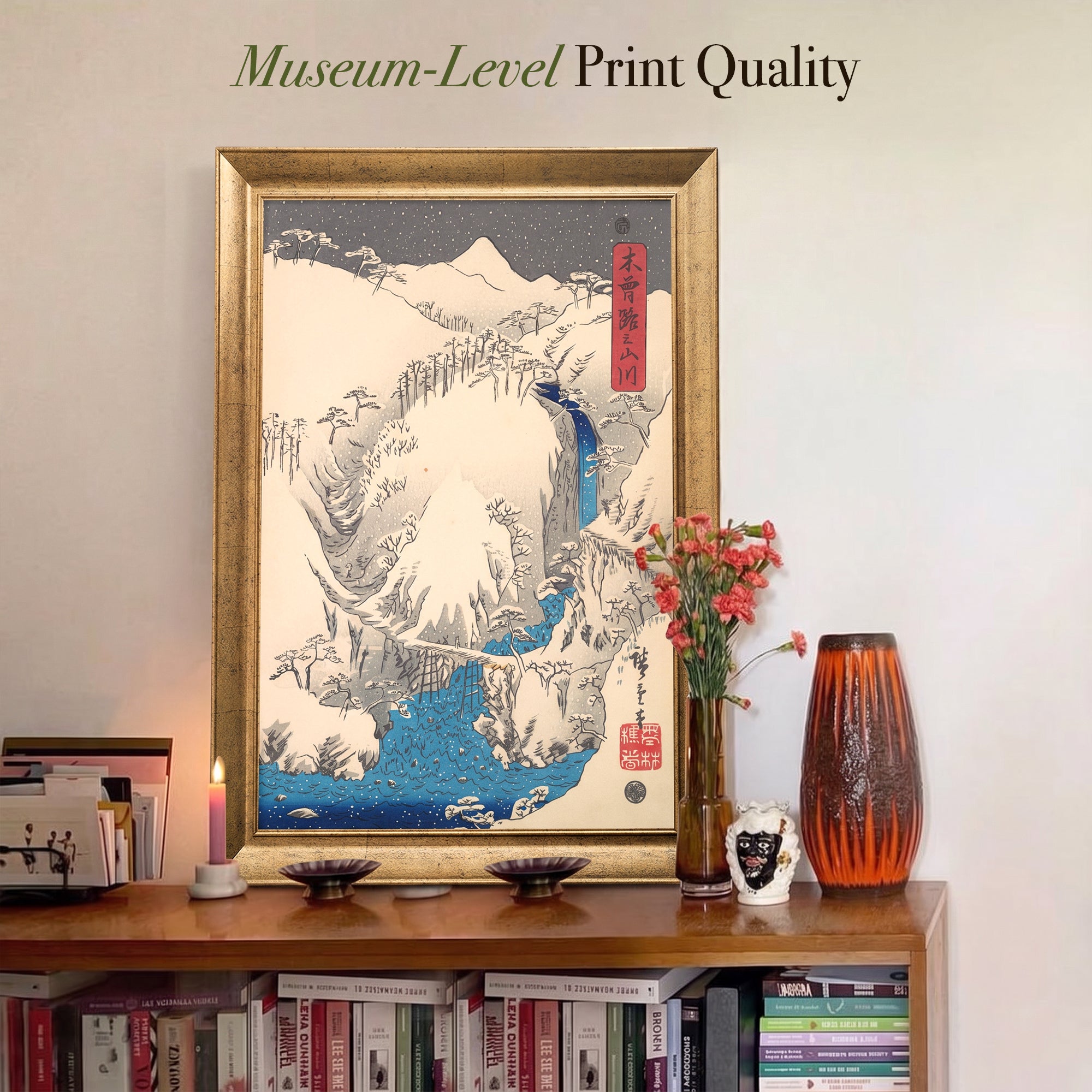Japanese Snowy Waterfall Canvas Wall Art – Vintage Ukiyo-e Winter Landscape Print