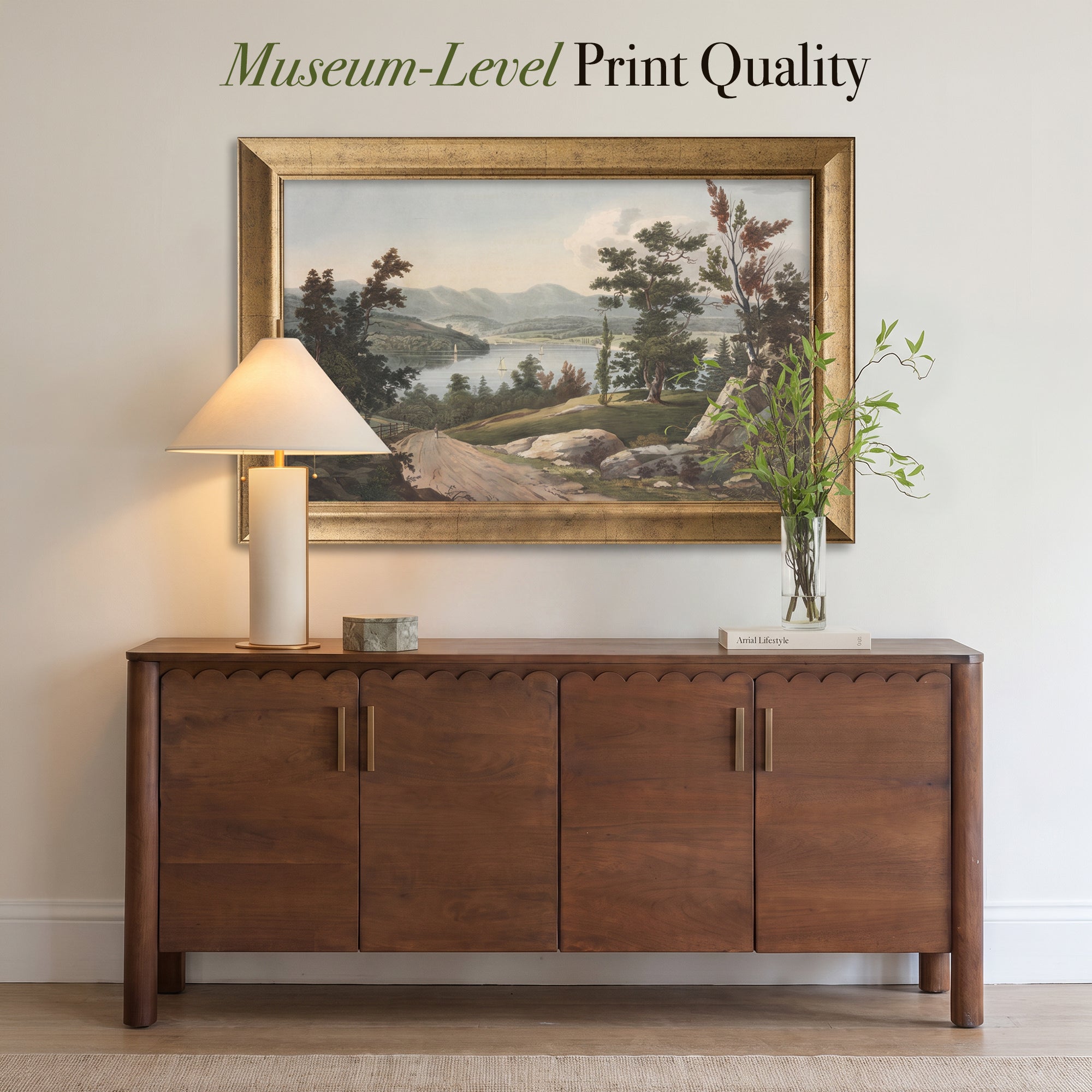 Vintage Lake Landscape Canvas Wall Art – Classic Mountain and Countryside View Print