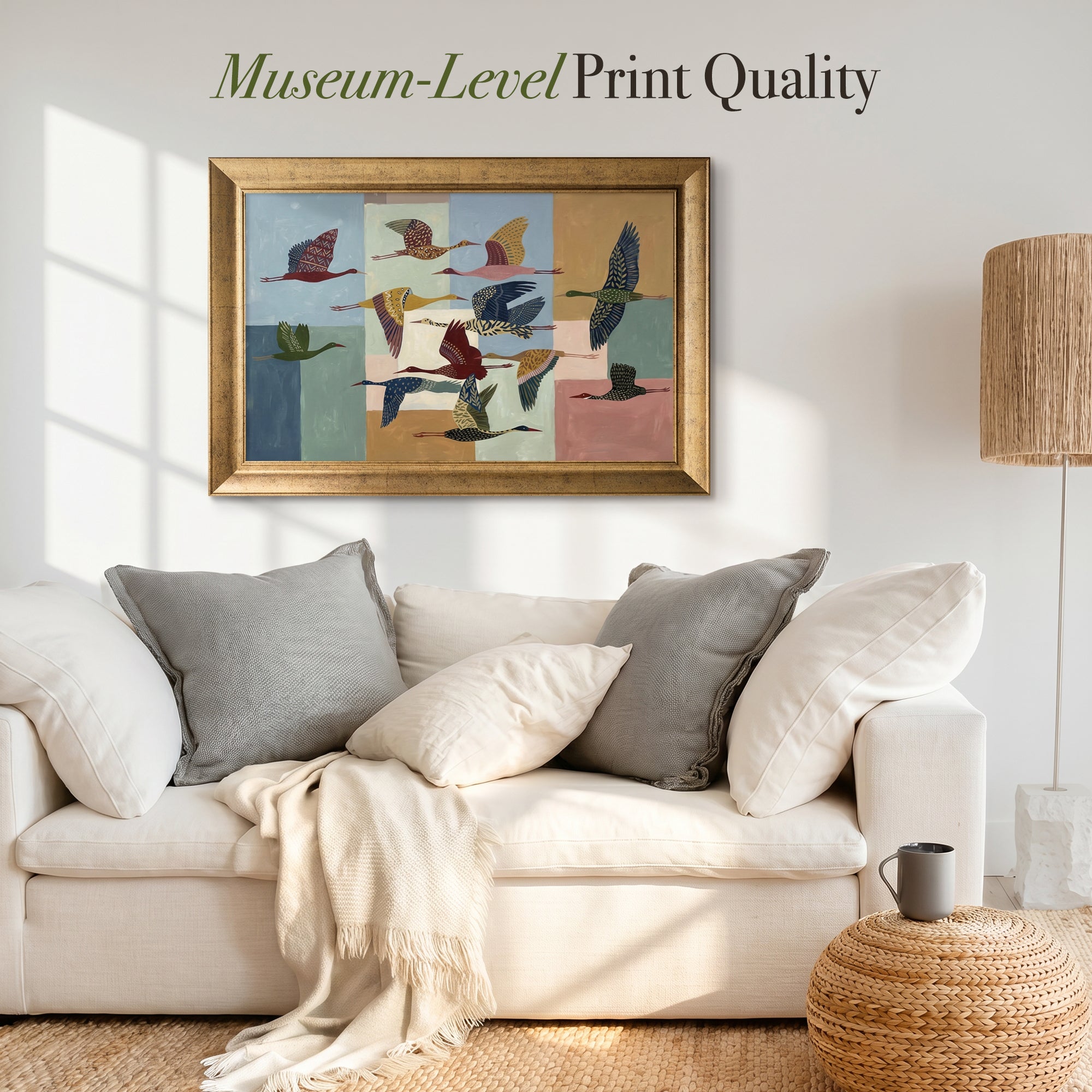Color Blocks and Flying Birds Framed Canvas Print