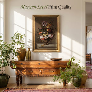 Flowers and dead frog still life (1634) canvas print in a gold frame above a carved wooden console with plants