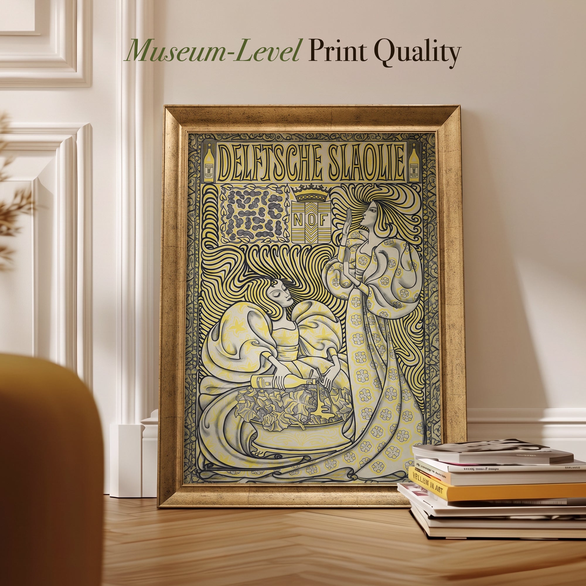 Vintage Art Nouveau Poster Canvas Wall Art – Decorative Yellow and Black Illustration Print