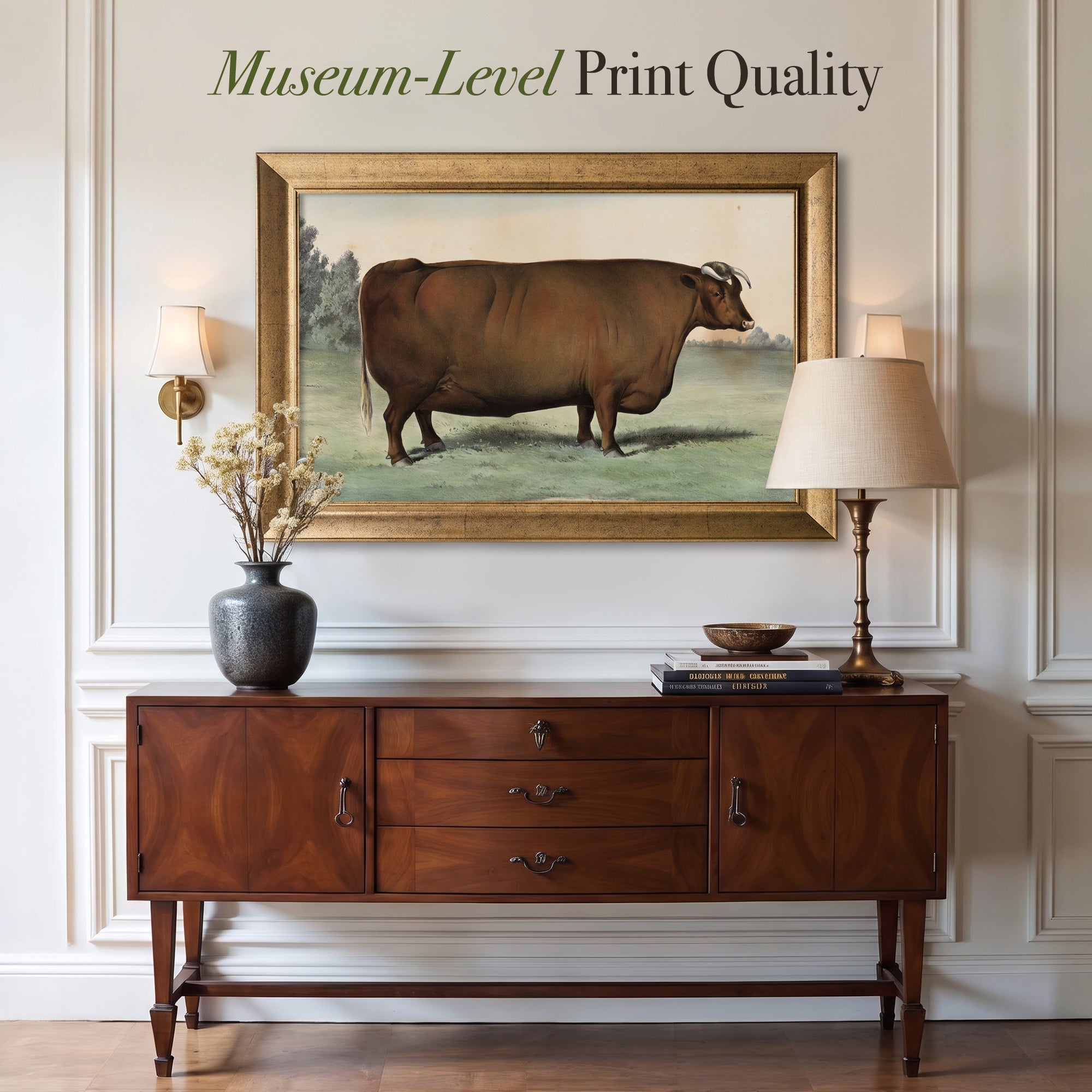 Vintage Brown Cow Canvas Wall Art – Classic Farm Animal Painting for Rustic Decor