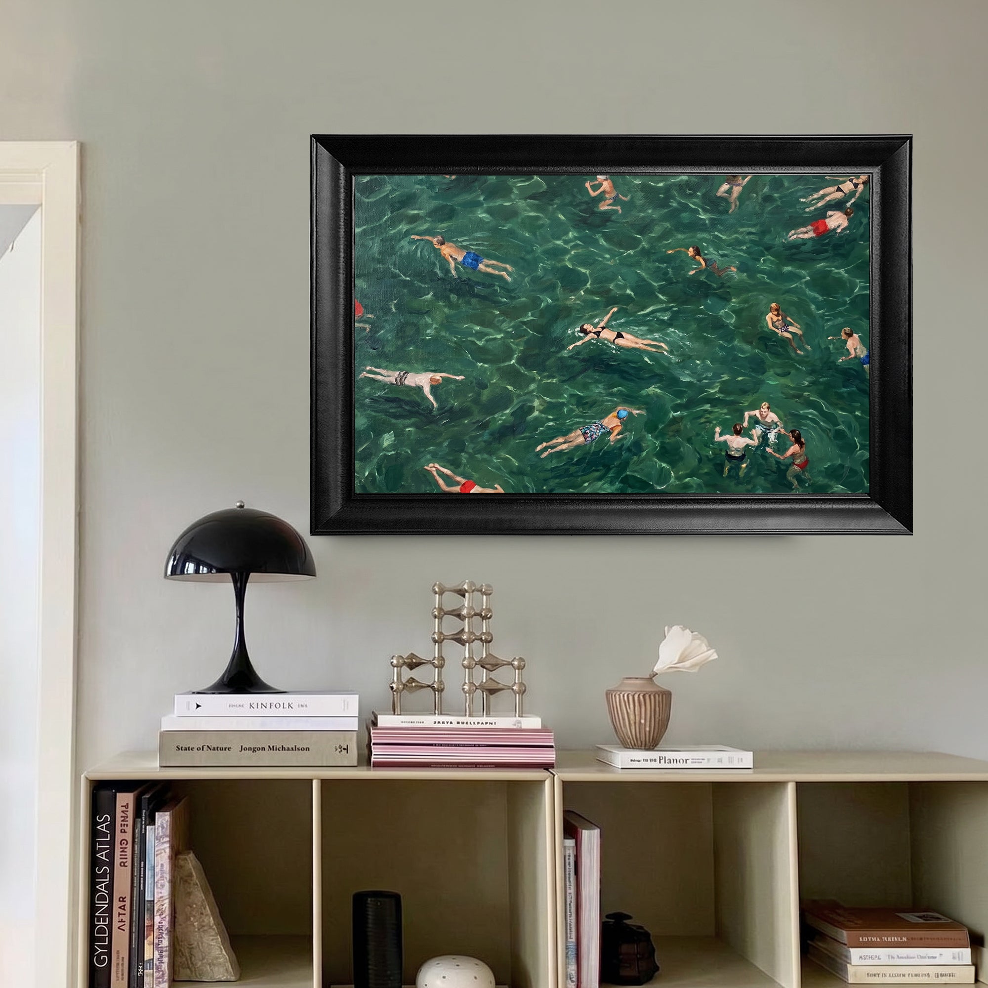 Emerald Summer Swimmers Canvas Wall Art – Aerial Ocean Painting for Coastal Decor