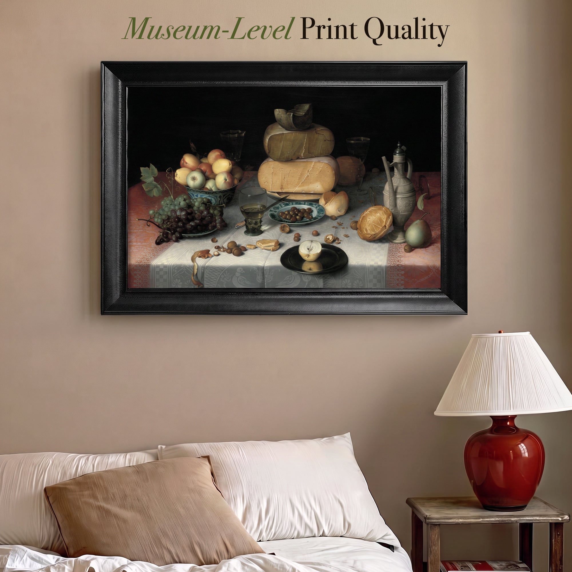 Vintage Still Life Canvas Wall Art – Fruit, Cheese and Table Setting Painting Print