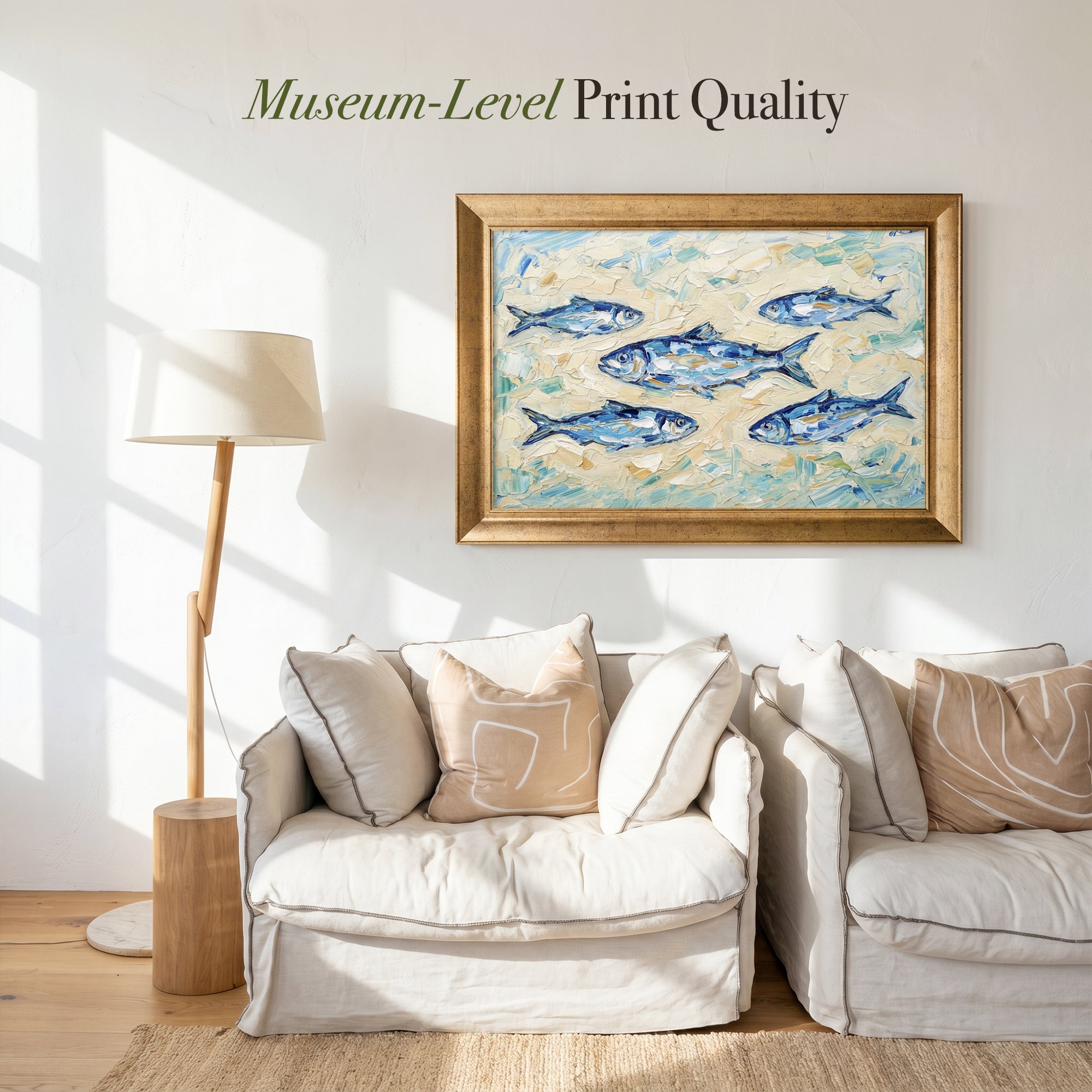 Blue Fishes Impasto Framed Canvas Print