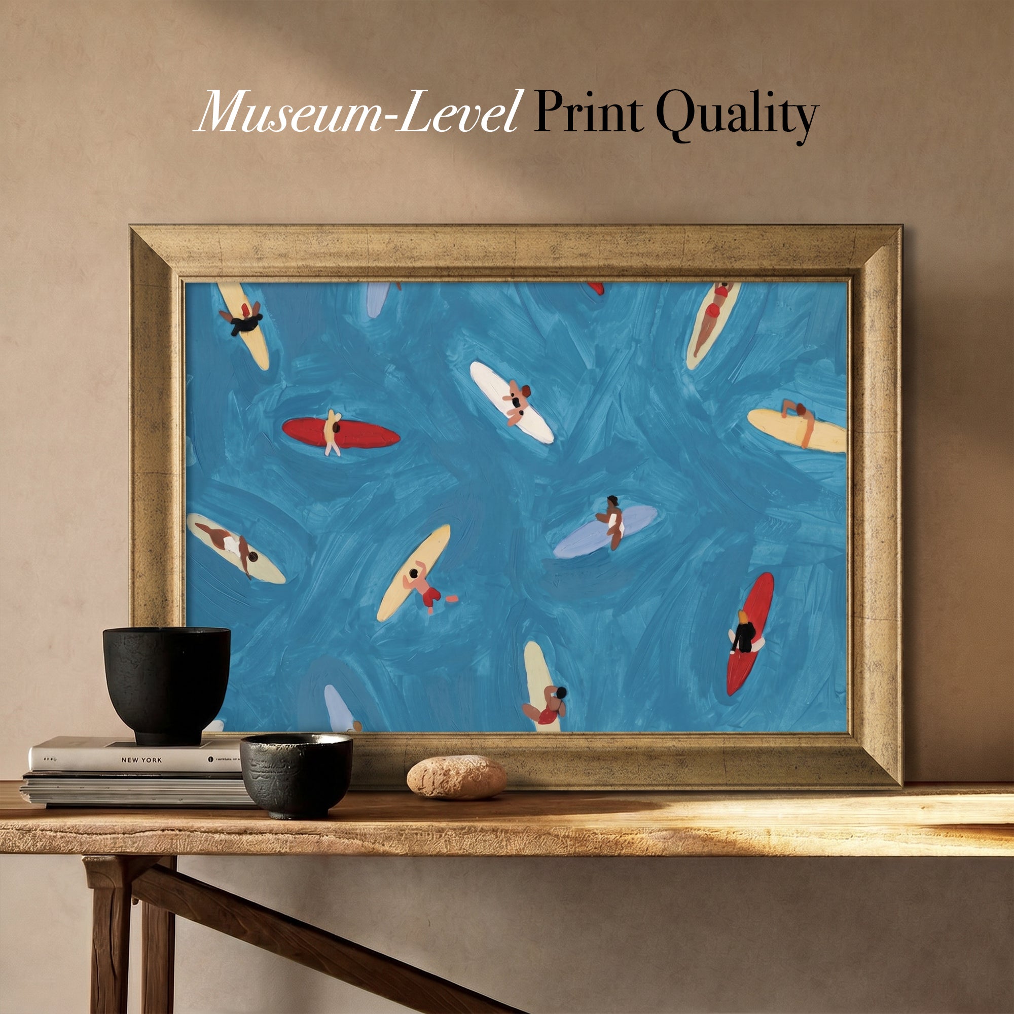Surfers in Blue Water Canvas Wall Art – Colorful Coastal Surf
