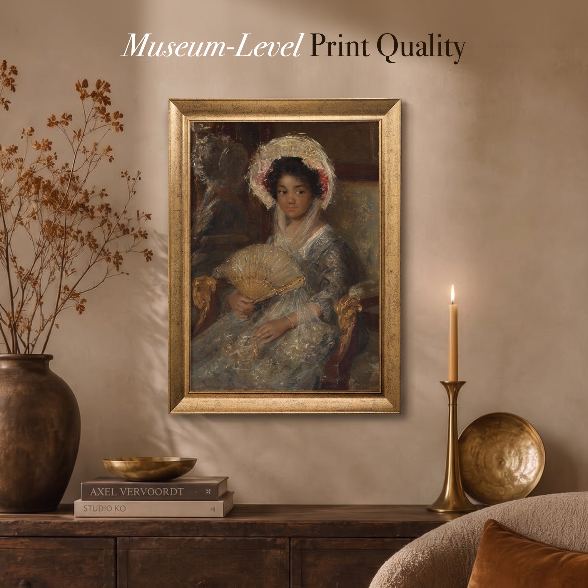 Vintage Woman with Fan Canvas Wall Art – Classic Portrait Painting for Elegant Decor