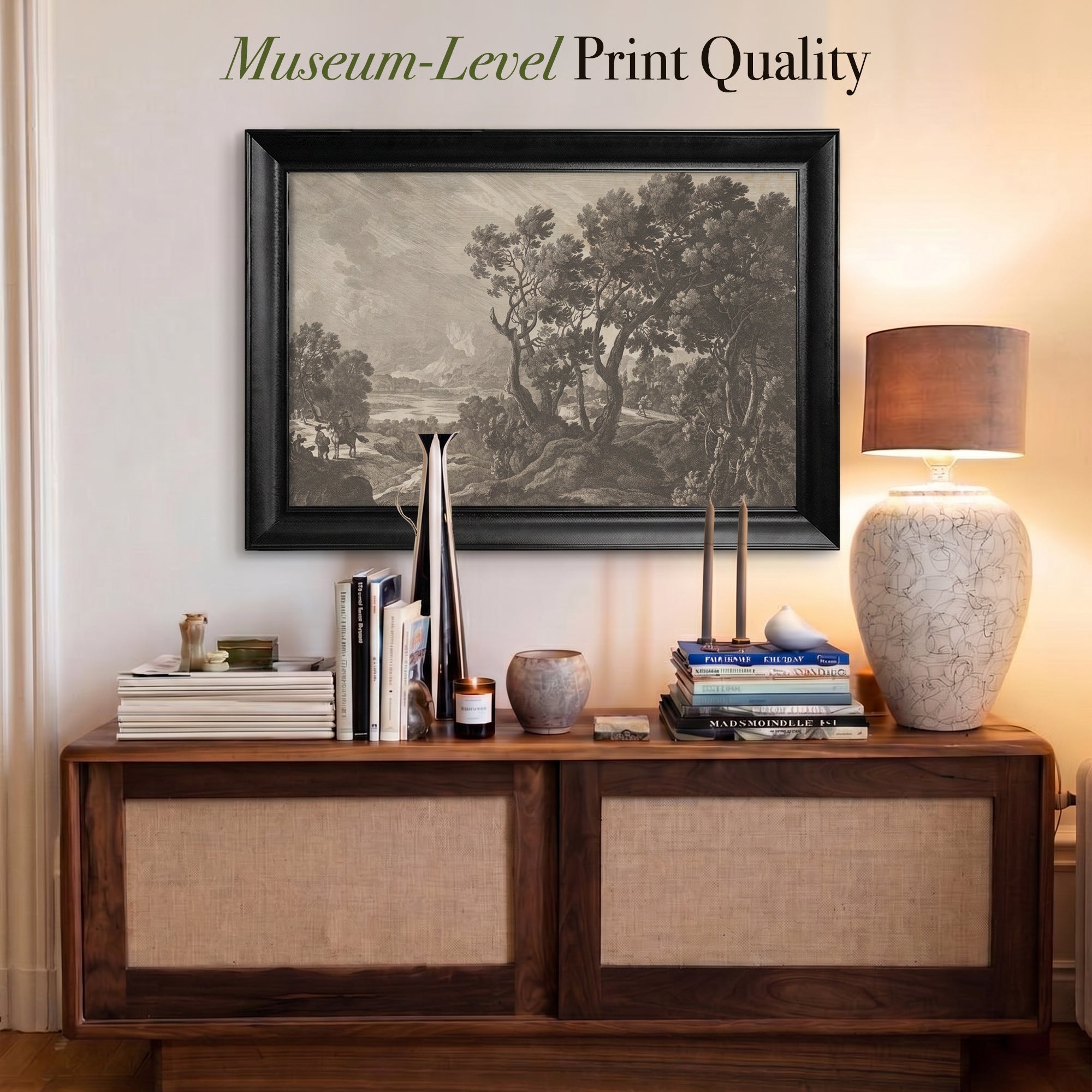 Vintage Forest Landscape Canvas Wall Art – Black and White Engraving Style Nature Print