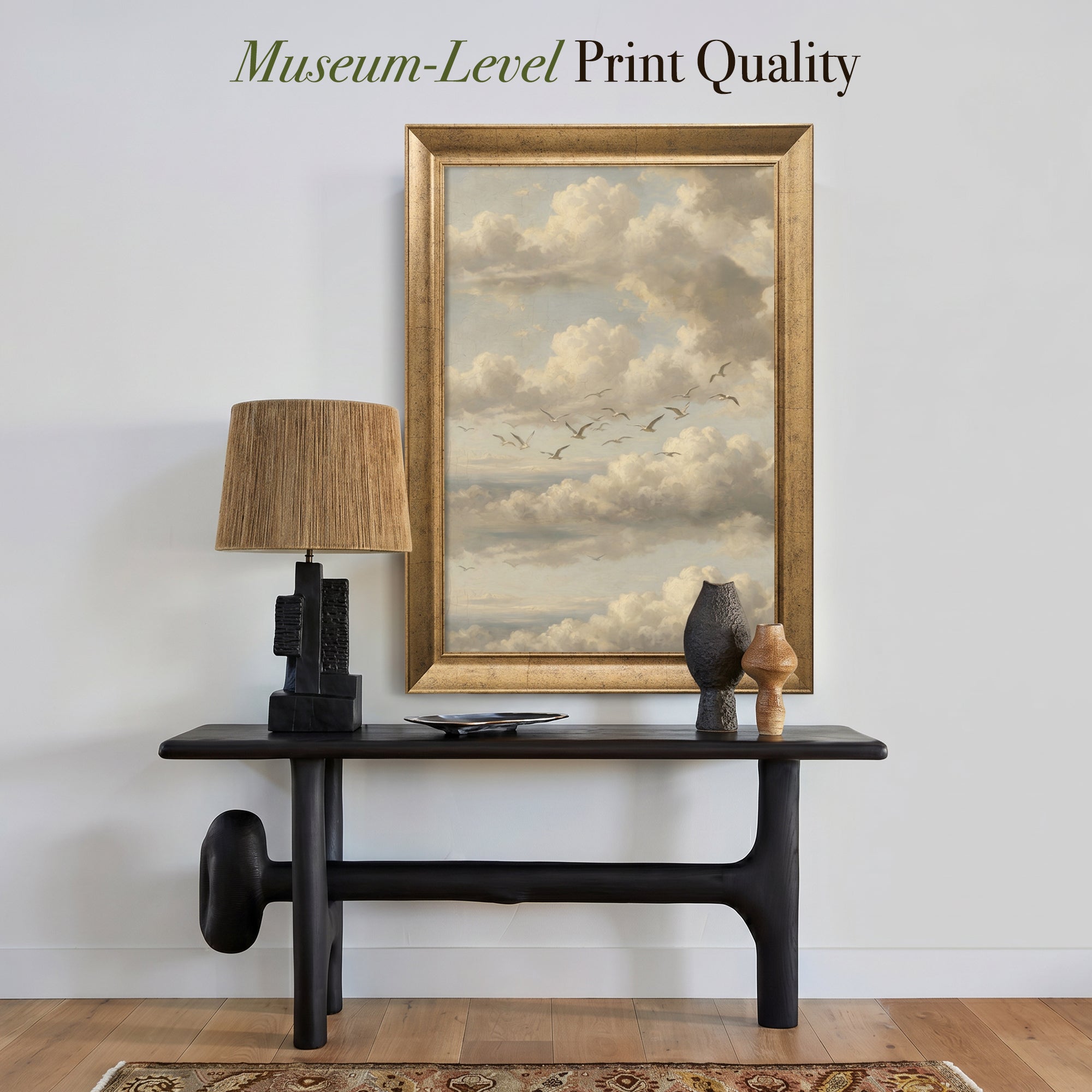 Clouds and Flying Birds Canvas Wall Art – Vintage Sky Landscape Painting for Serene Decor