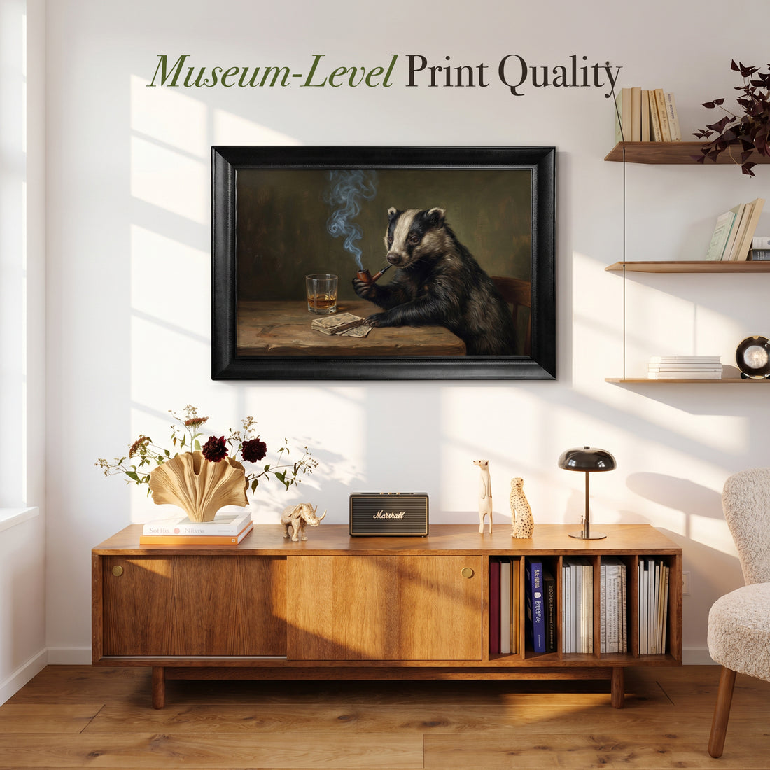 Badger smoking a pipe at a wooden table with a glass of whiskey and old papers, framed canvas in gold