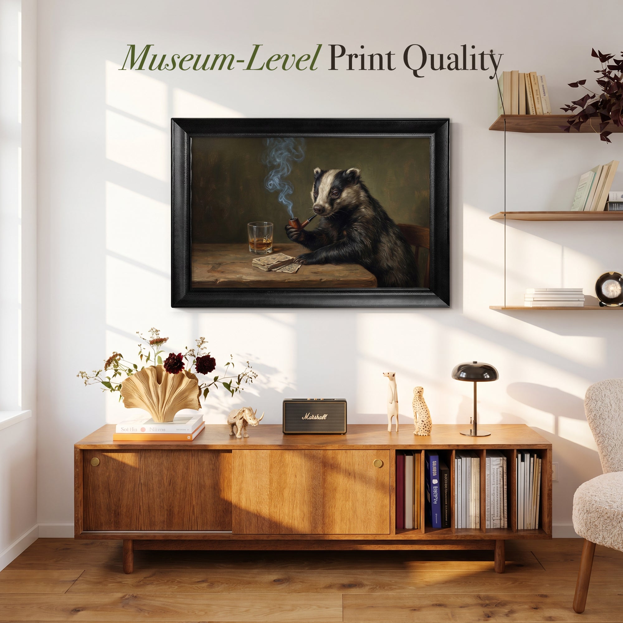 Badger with Whiskey and Pipe on Table Framed Canvas Print