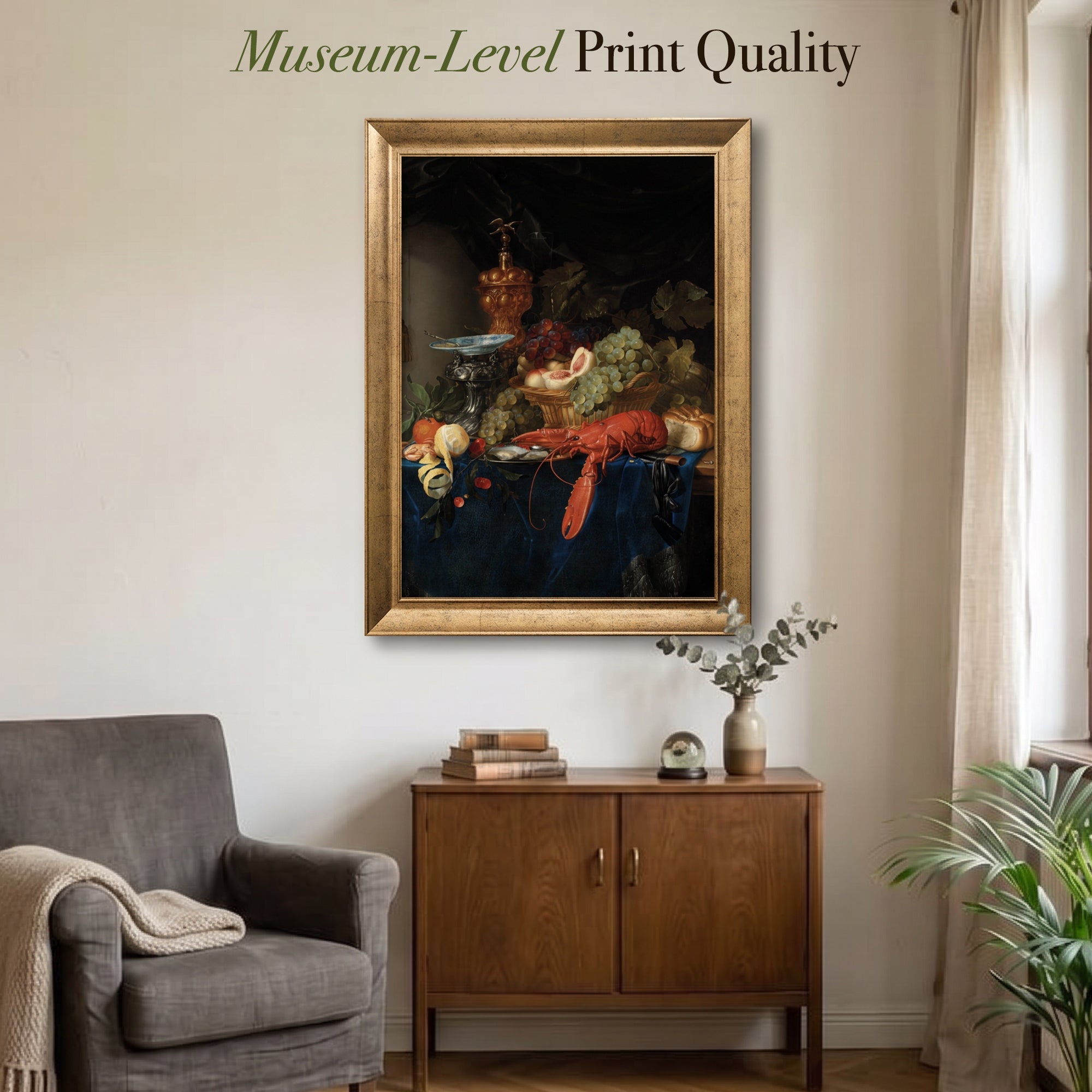 Luxury Still Life Canvas Wall Art – Lobster, Grapes and Fruit Vintage Painting Print