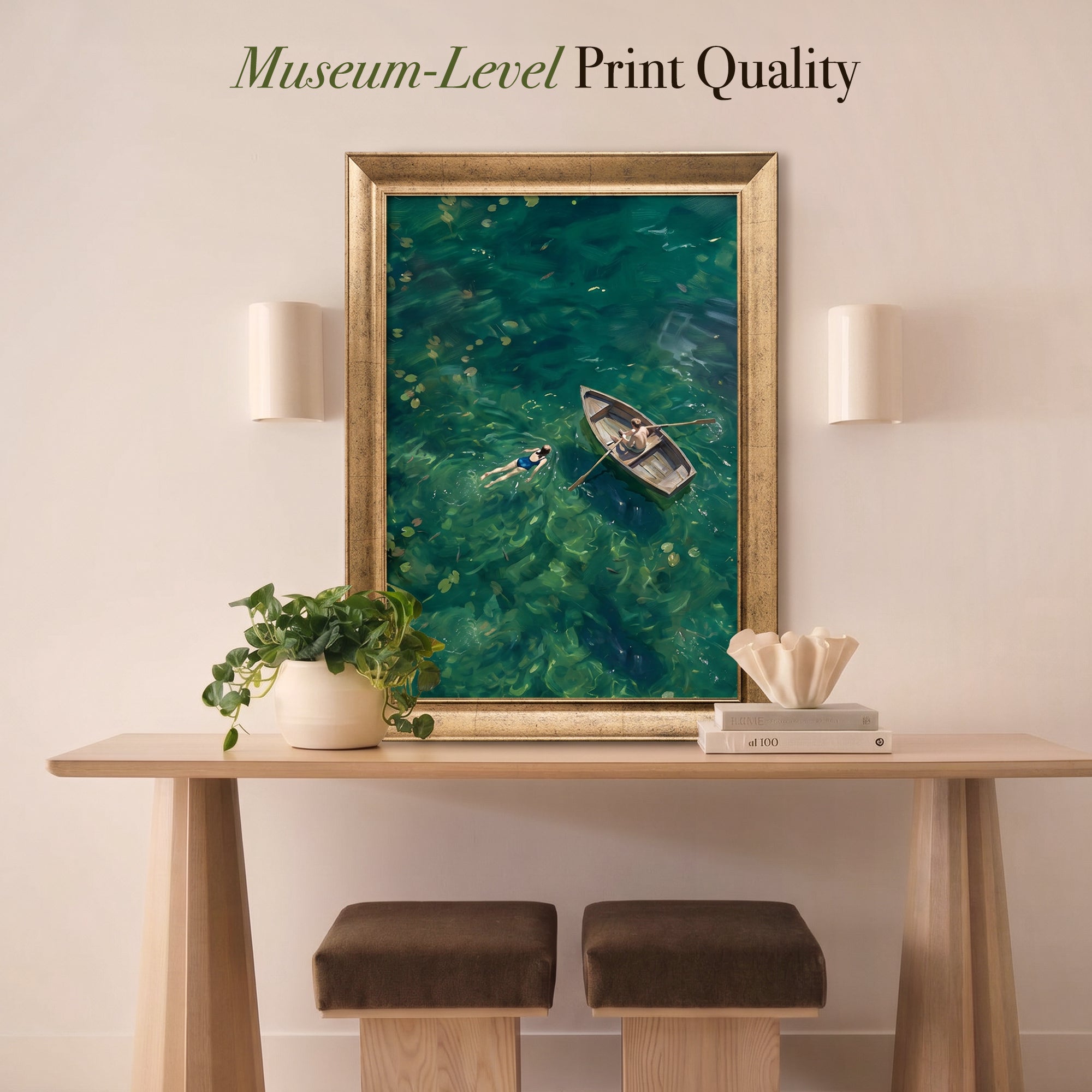 Rowboat and Swimmer Canvas Wall Art – Green Water Summer Landscape Painting