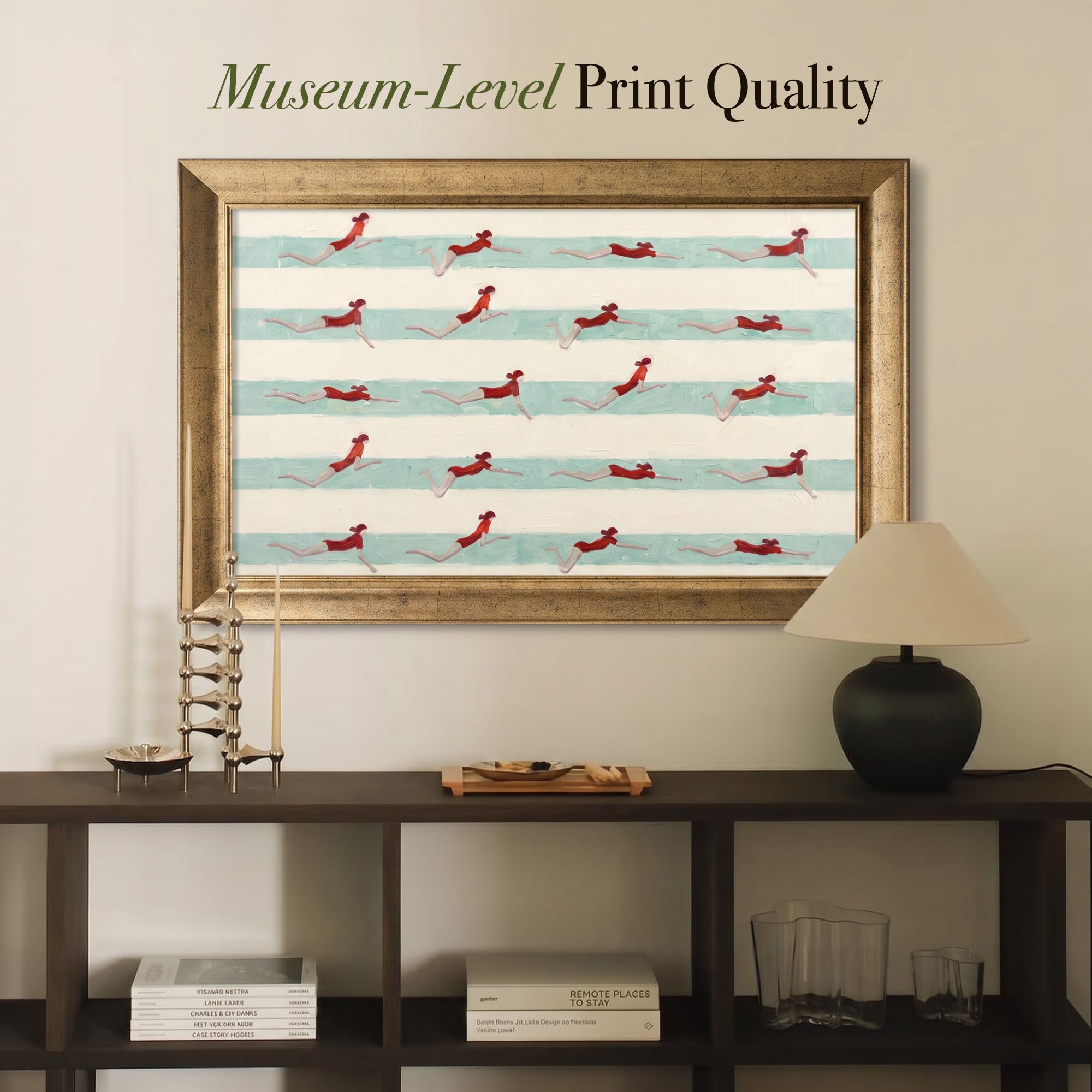 Red Swimmers Canvas Wall Art – Striped Pool Painting for Modern Summer Decor