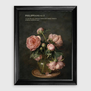 Pink Peonies Still Life scripture canvas print in a black frame on a plain light wall