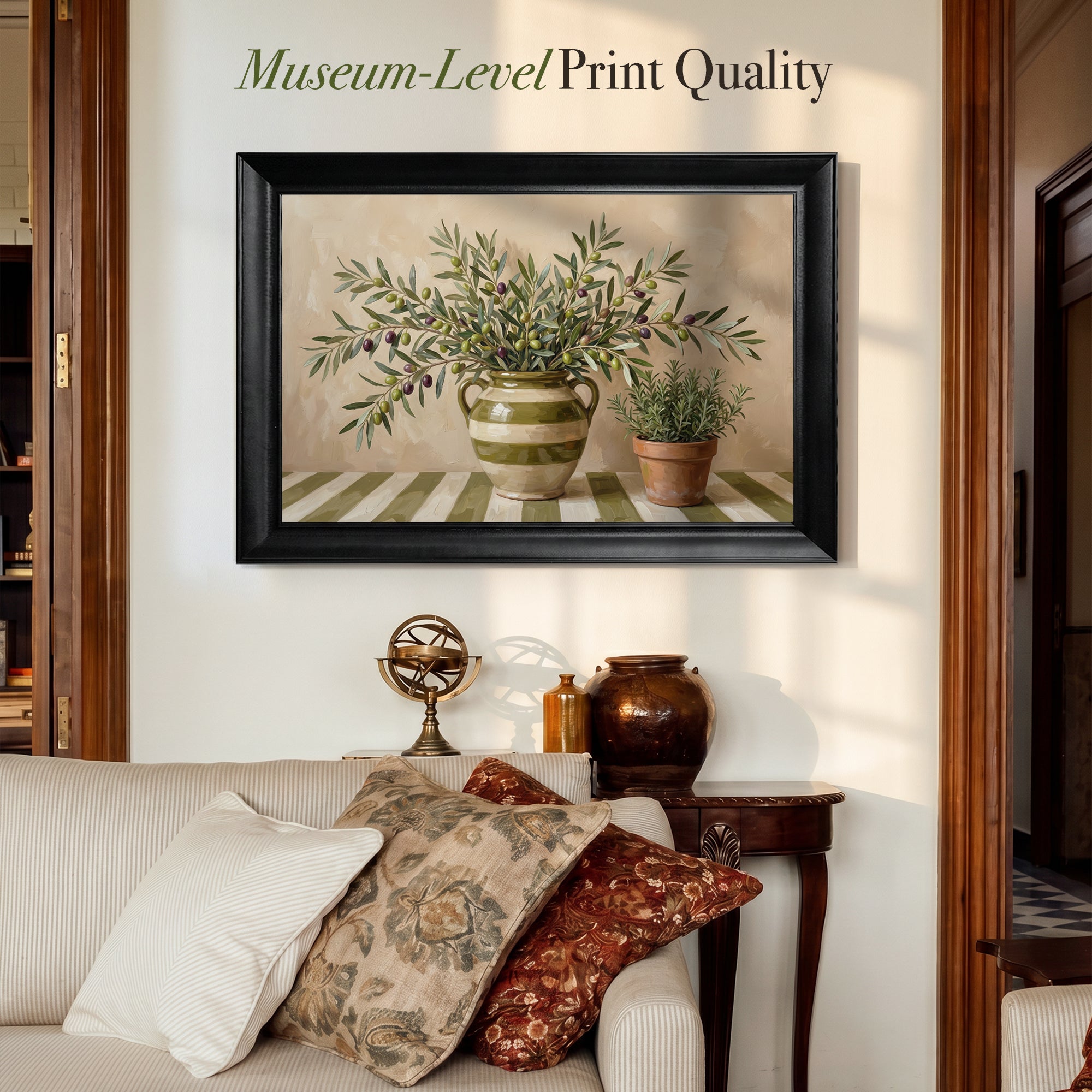 Olive Branches and Striped Vase Framed Canvas Print