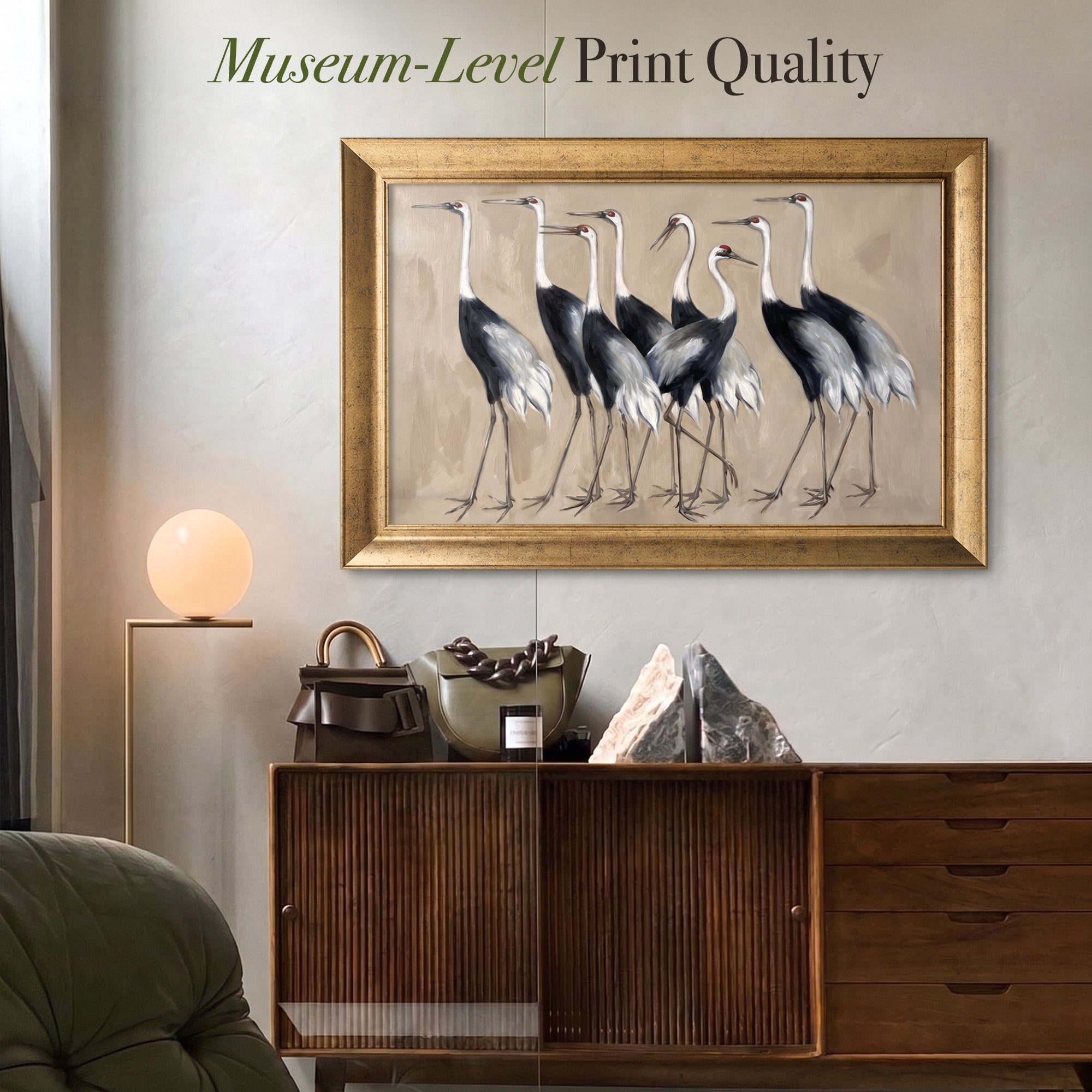 Elegant Crane Canvas Wall Art – Neutral Bird Painting for Sophisticated Interiors