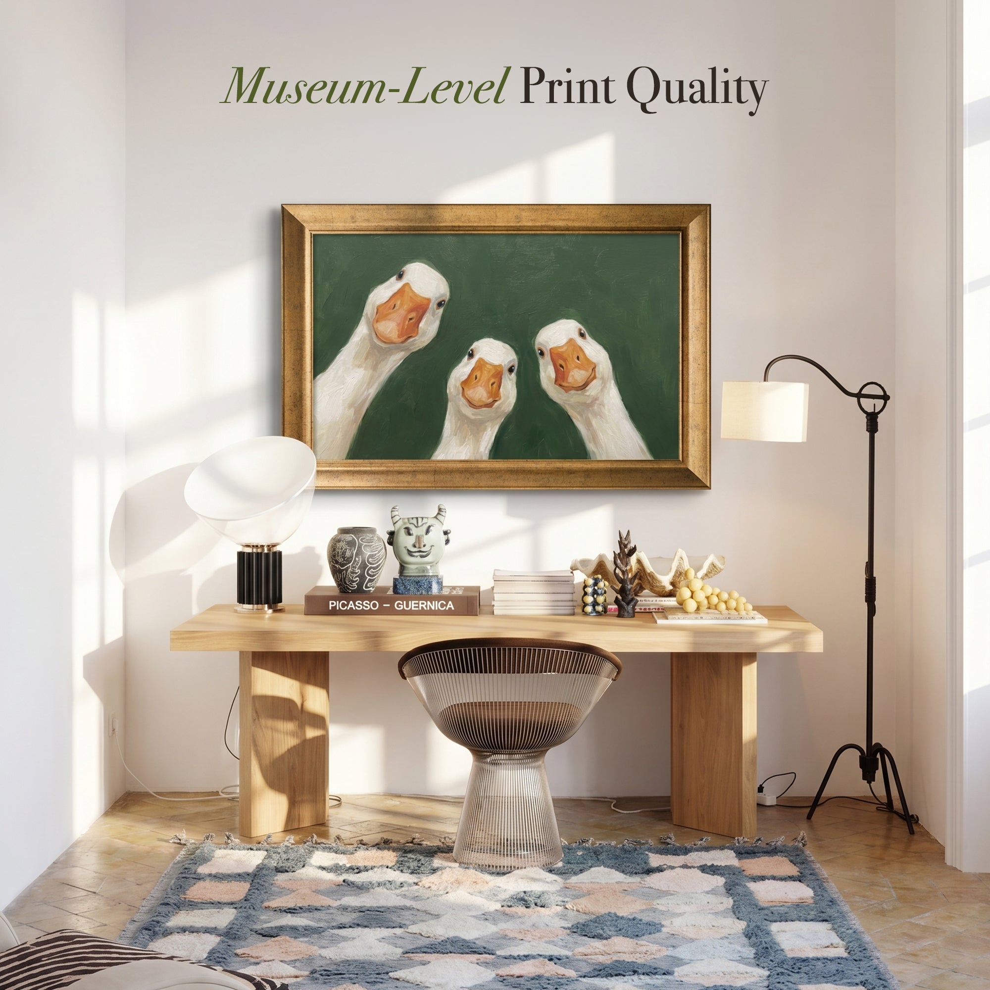 Three Curious White Geese Framed Canvas Print