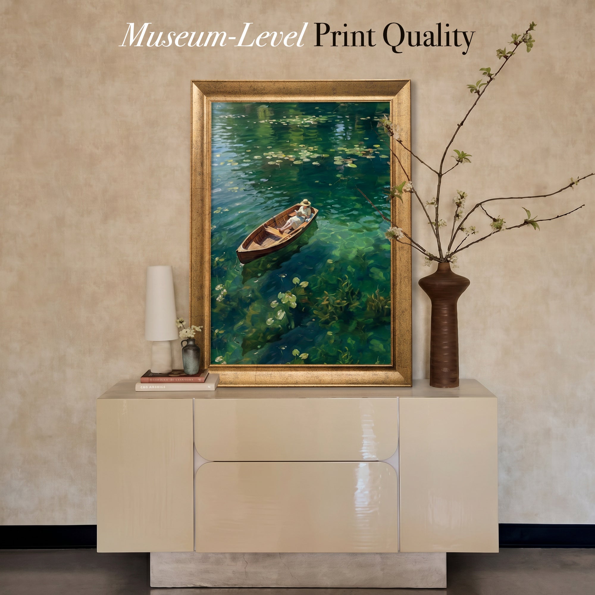 Boat on Green Lake Canvas Wall Art – Peaceful Water Landscape Painting for Serene Decor