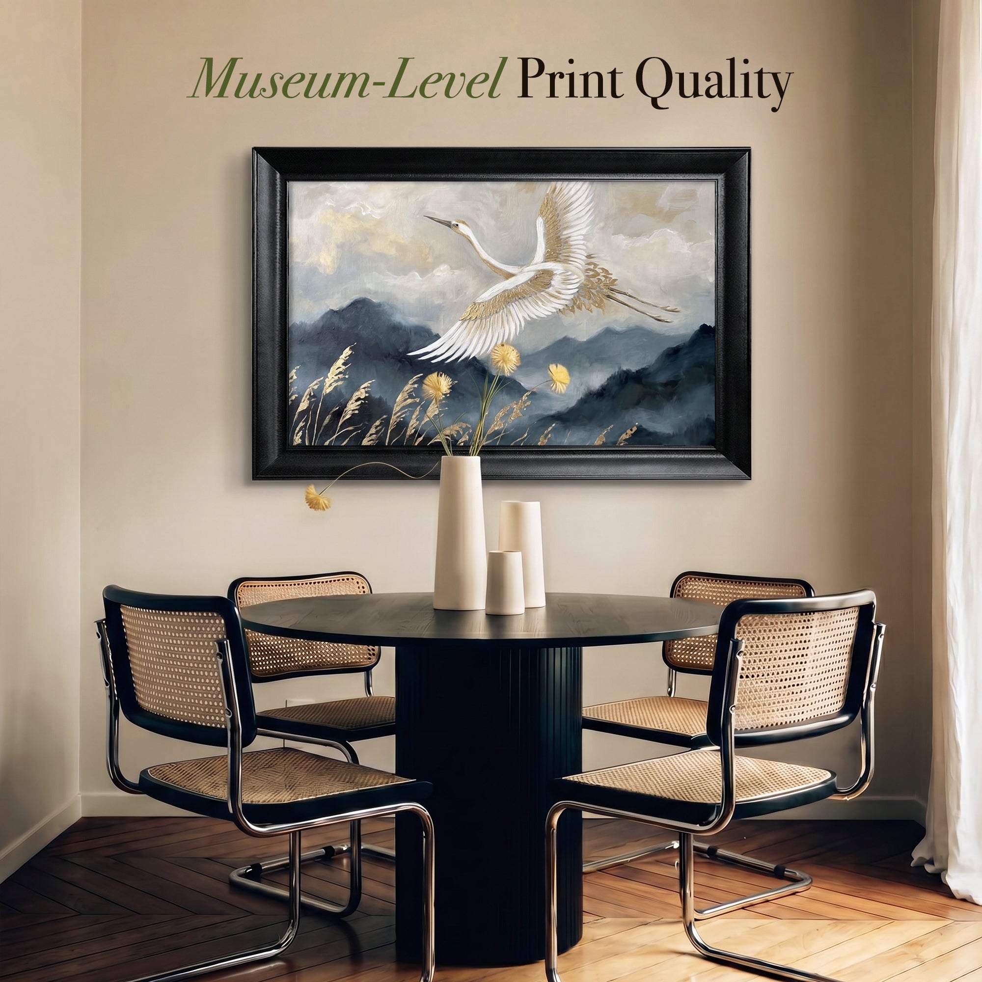 Flying Crane Canvas Wall Art – Elegant Mountain Landscape Painting with Gold Accents