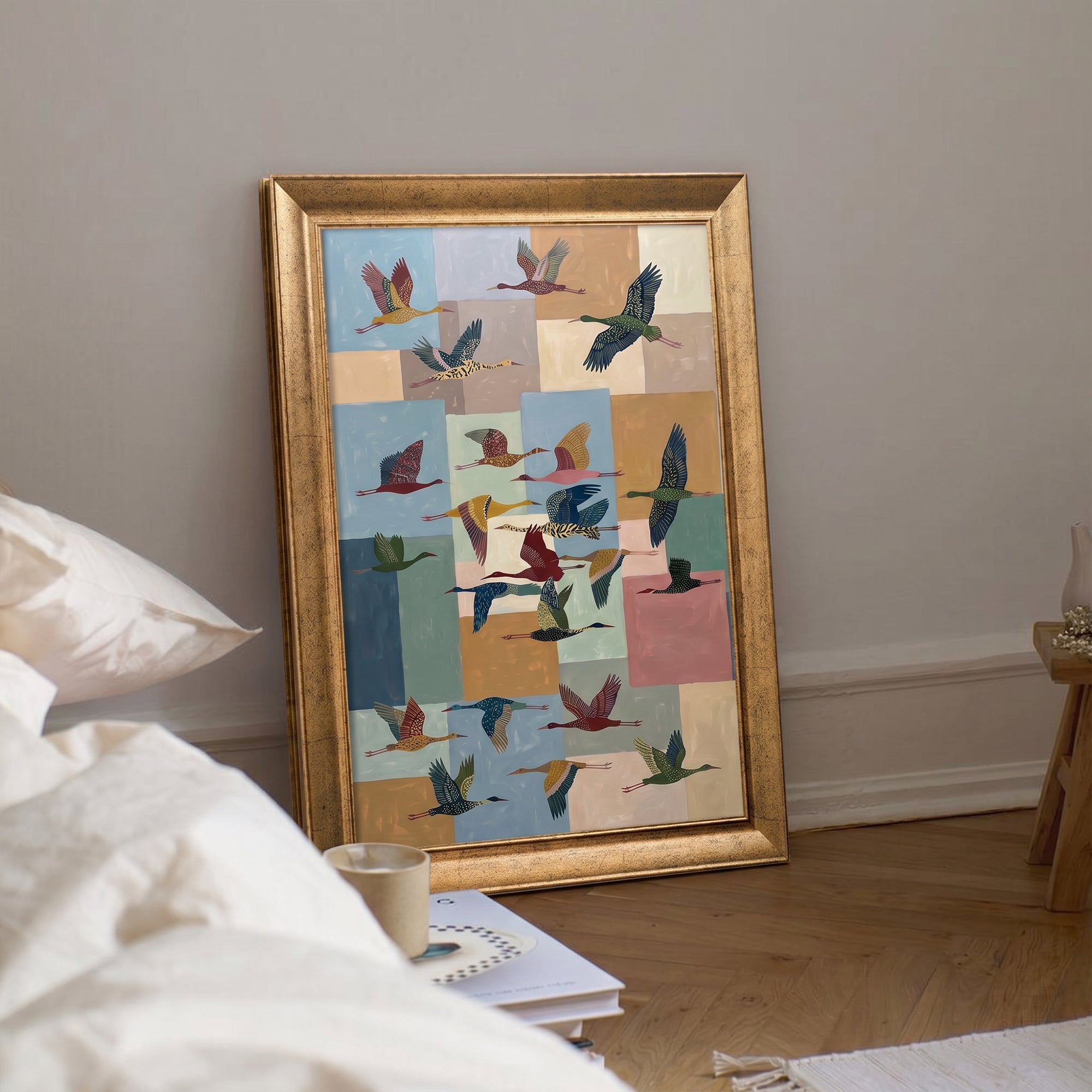Colorful Flying Birds Canvas Wall Art – Geometric Bird Painting for Modern Decor