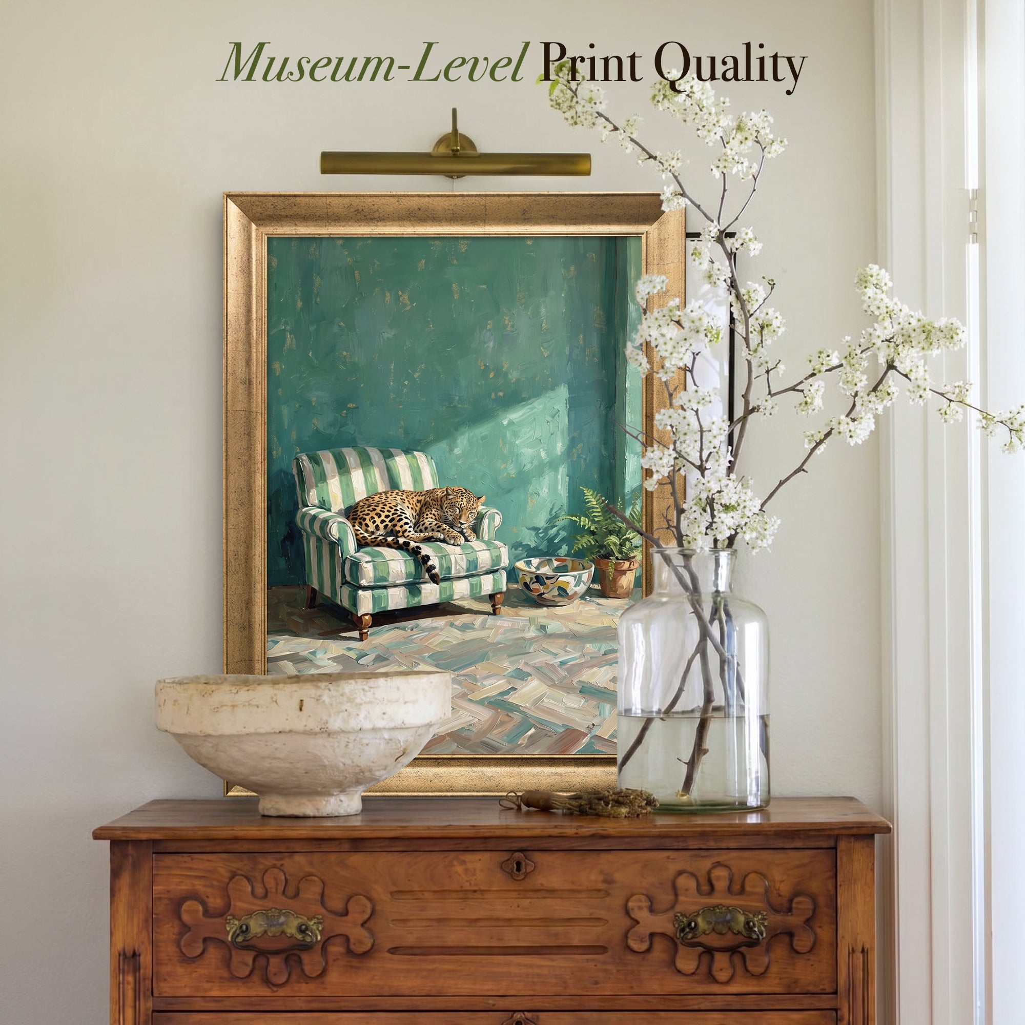 Leopard on Green Striped Armchair Canvas Wall Art – Eclectic Wildlife Interior Painting