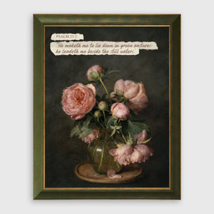 Pink Peonies Still Life scripture canvas print in an olive green frame on a plain light wall