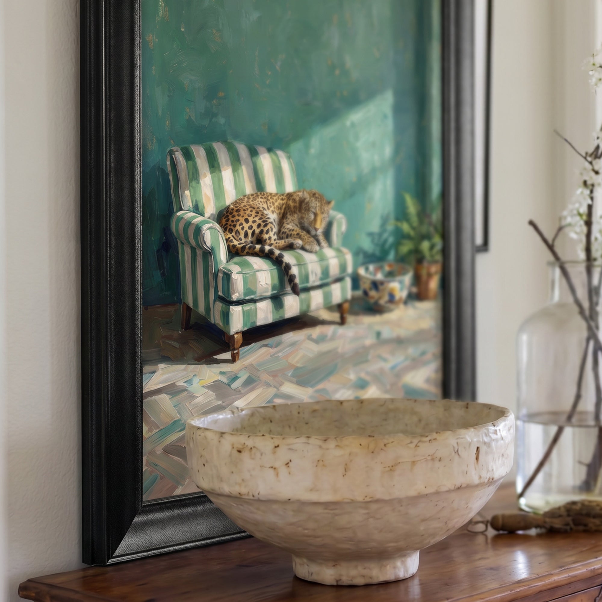 Leopard on Green Striped Armchair Canvas Wall Art – Eclectic Wildlife Interior Painting
