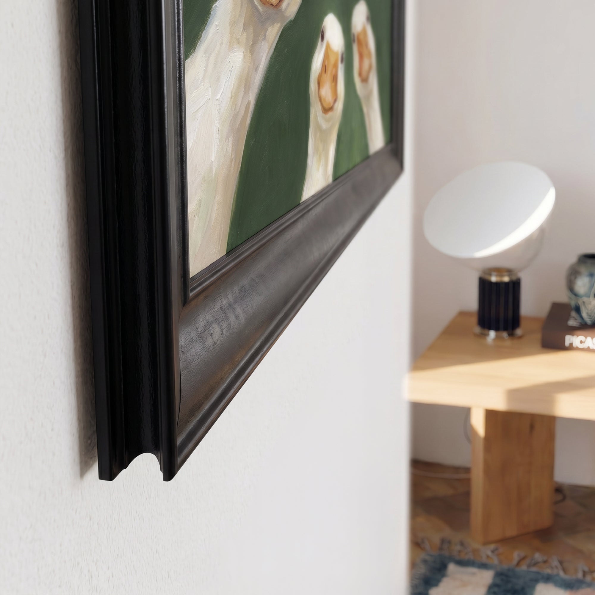 Three Curious White Geese Framed Canvas Print